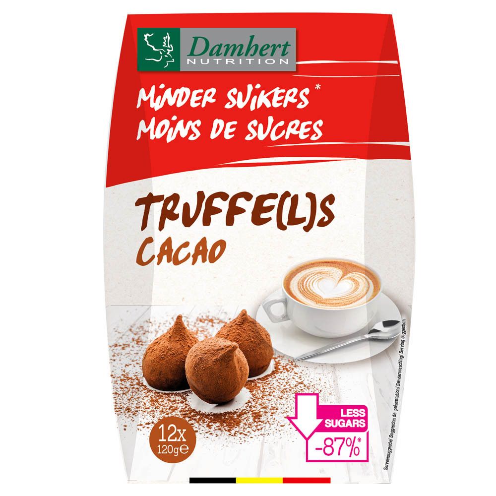 Verpackung mit Trüffeln. Aufschrift: Weniger Zucker. Abbildung: Trüffel, Kaffeetasse. 12x120g. Weniger Zucker -87%.
