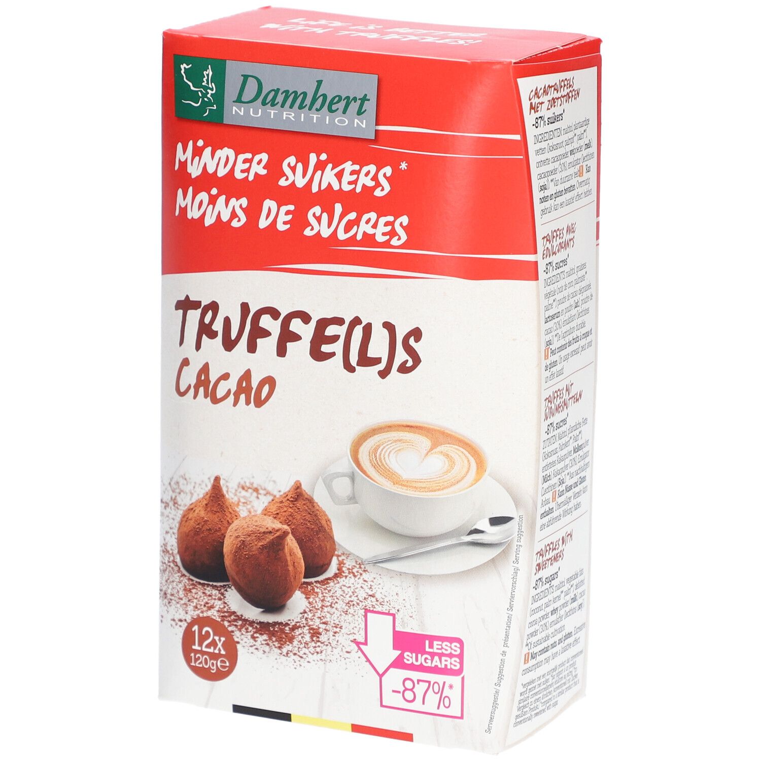 Verpackung mit Trüffeln. Aufschrift: Weniger Zucker. Abbildung: Trüffel, Kakaopulver, Kaffeetasse. 12x120g. Weniger Zucker -87%.