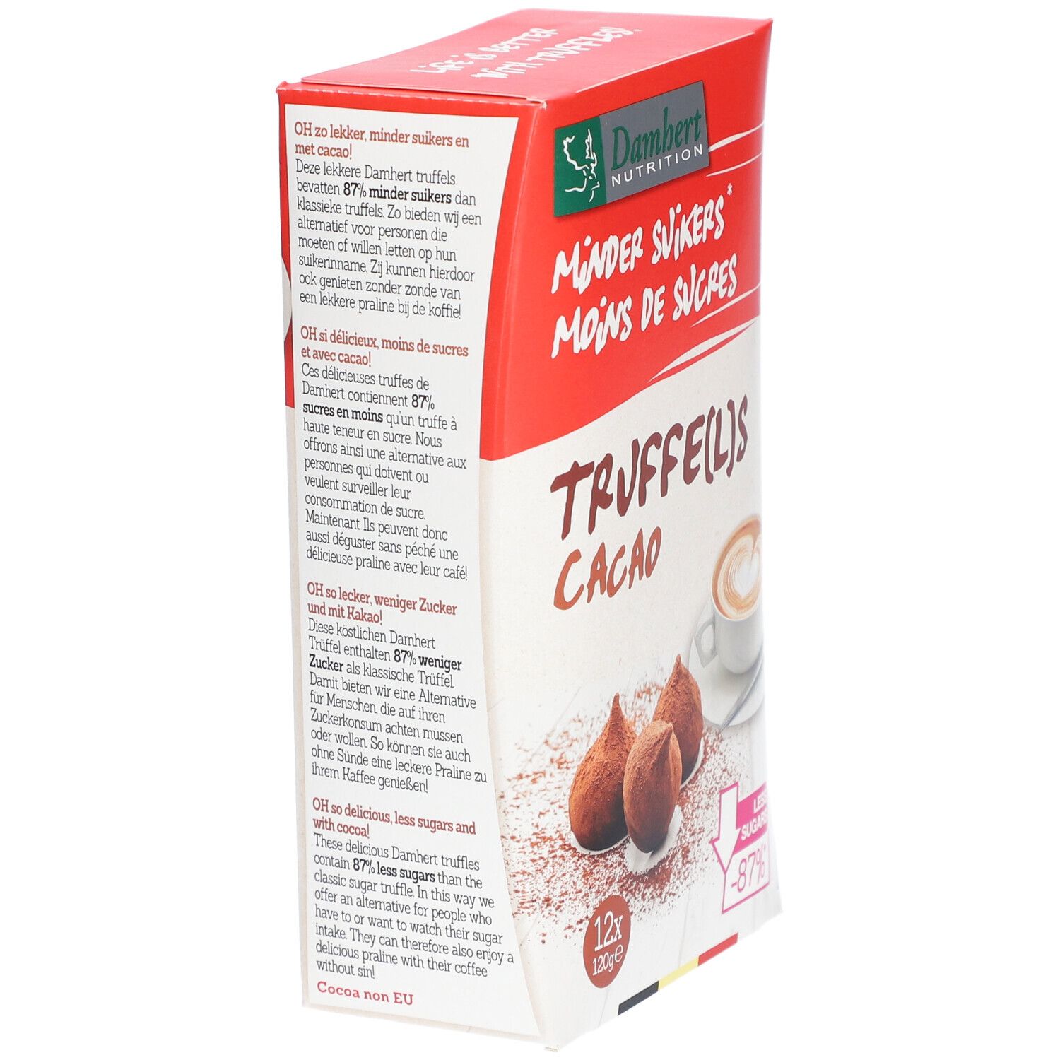 Verpackung mit Trüffeln. Aufschrift: Weniger Zucker. Abbildung: Trüffel, Kaffeetasse. Text auf Deutsch, Französisch, Niederländisch. 12x120g.