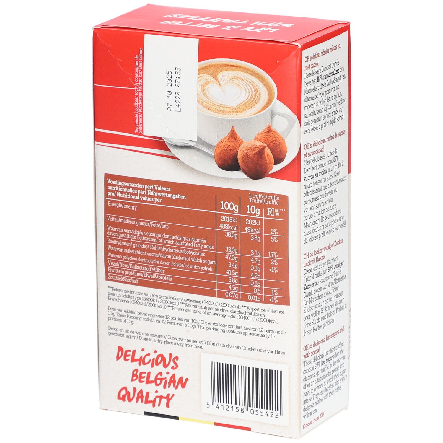 Rückseite der Trüffel-Verpackung. Nährwertangaben. Abbildung: Trüffel, Kaffeetasse. Text auf Deutsch, Französisch, Niederländisch. Delicious Belgian Quality.