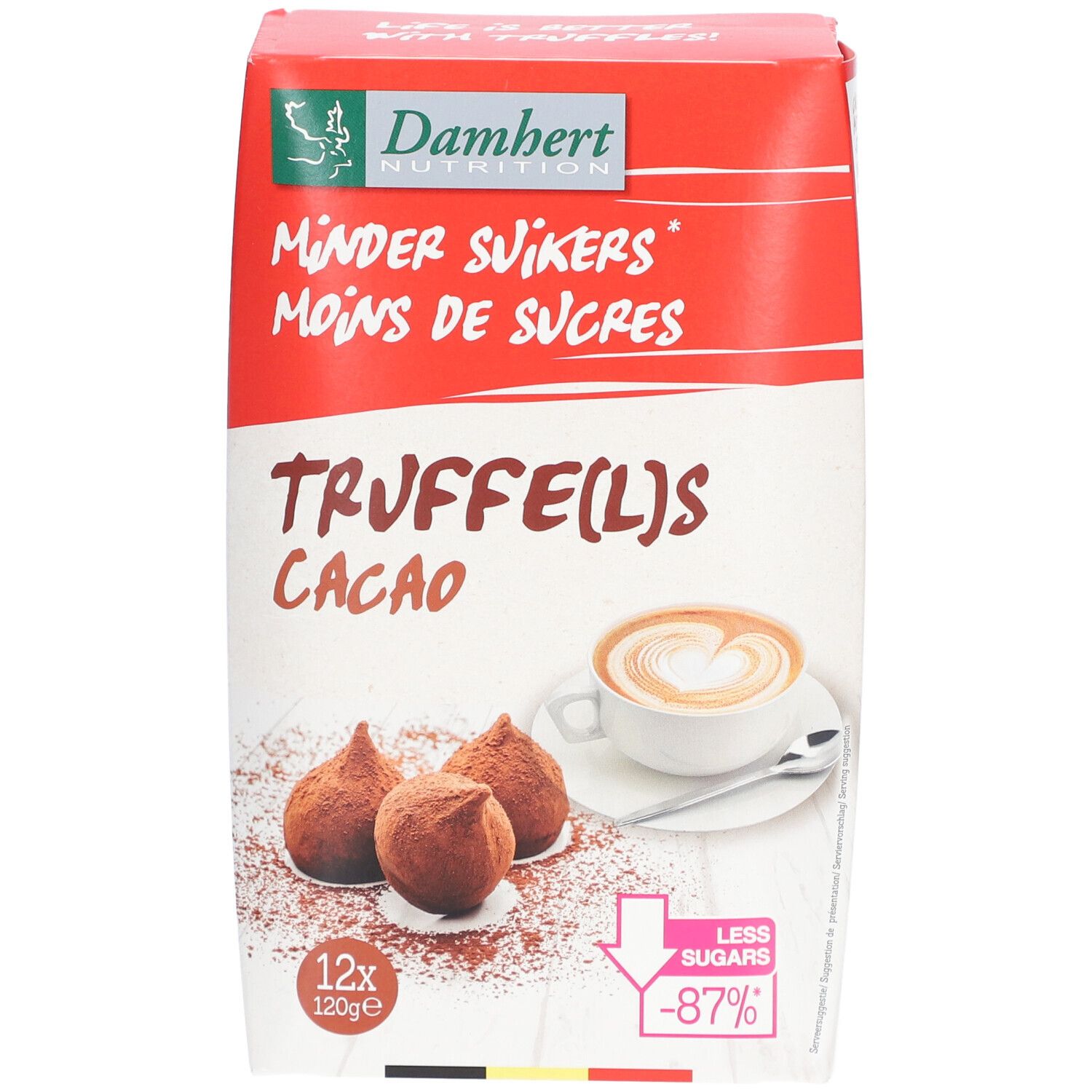 Verpackung mit Trüffeln. Aufschrift: Weniger Zucker. Abbildung: Trüffel, Kakaopulver, Kaffeetasse. 12x120g. Weniger Zucker -87%.