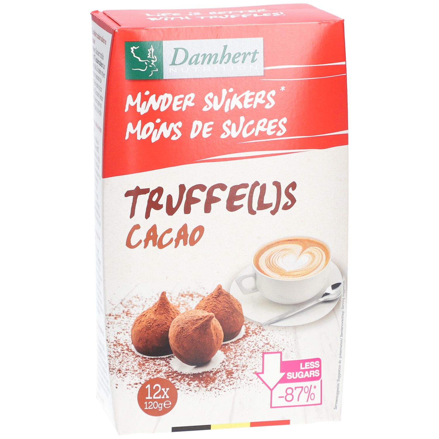 Verpackung mit Trüffeln. Aufschrift: Weniger Zucker. Abbildung: Trüffel, Kaffeetasse. 12x120g. Weniger Zucker -87%.