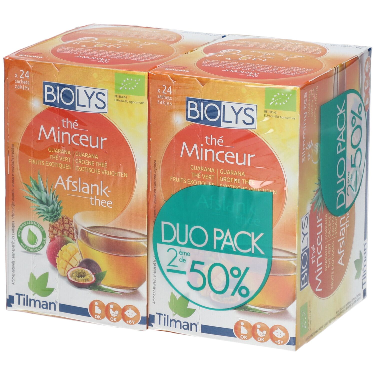 Deux boîtes de thé BIOLYS. Inscription : Thé Minceur, Guarana, thé vert, fruits exotiques. Duo Pack avec 50% de réduction.