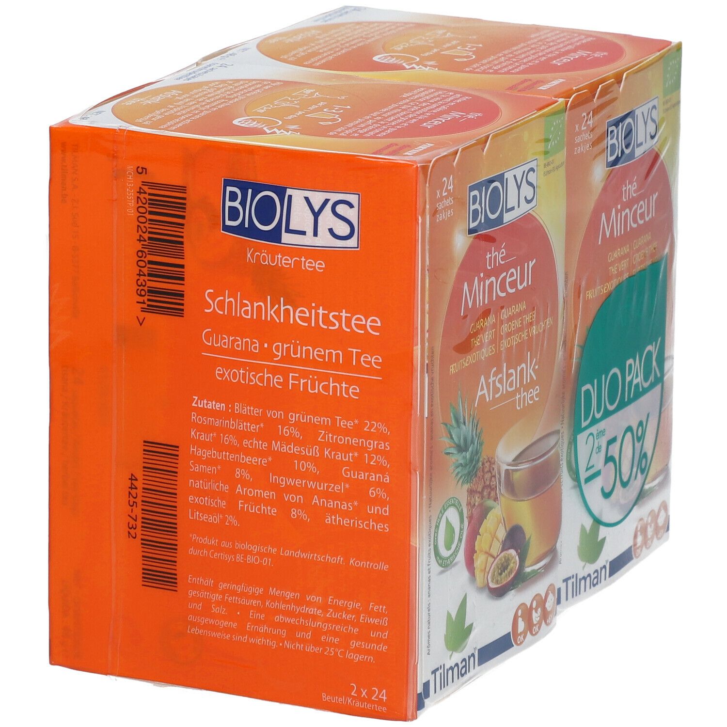 Boîte de thé BIOLYS. Inscription : Tisane, Thé Minceur, Guarana, thé vert, fruits exotiques. Liste des ingrédients et informations nutritionnelles.