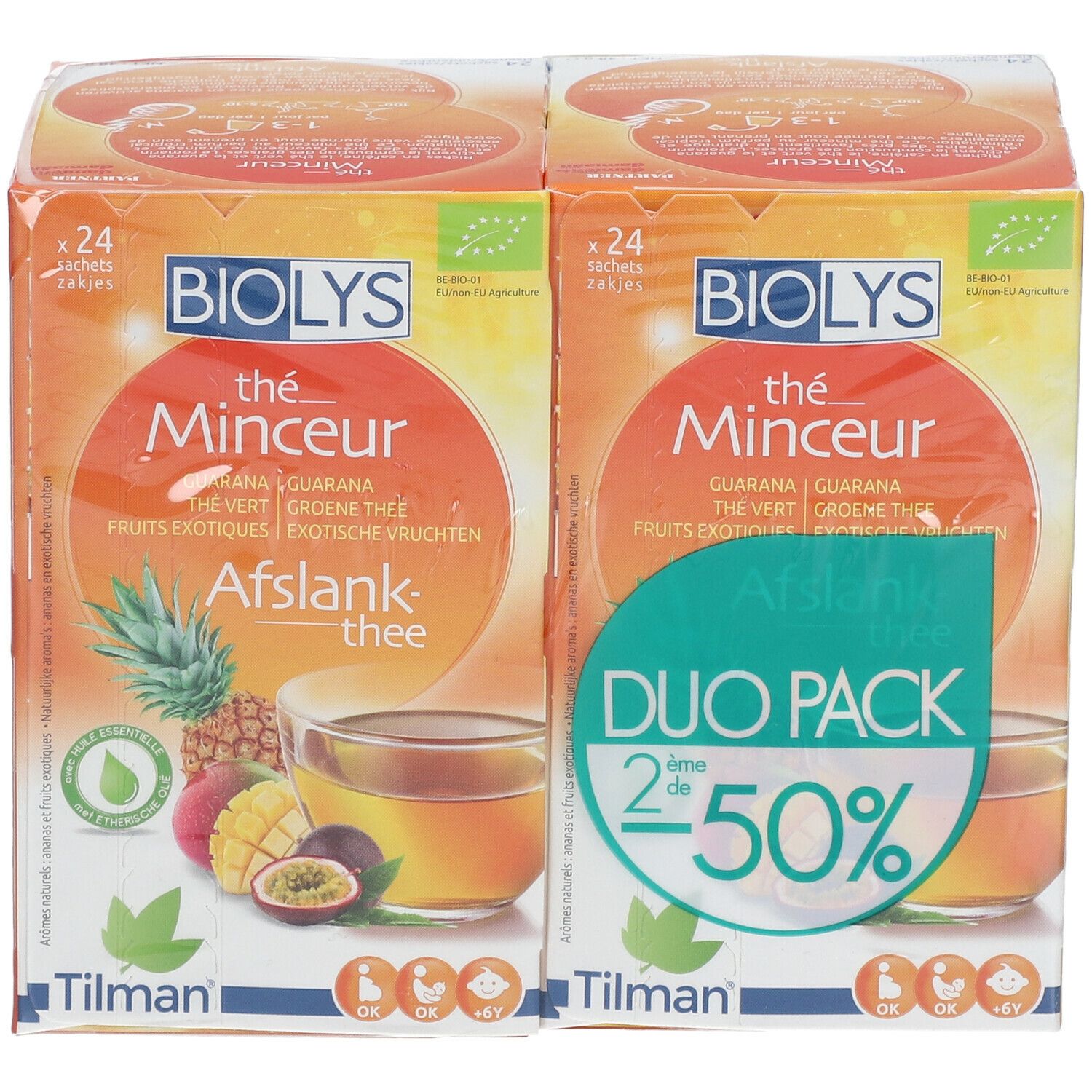 Deux boîtes de thé BIOLYS. Inscription : Thé Minceur, Guarana, thé vert, fruits exotiques. Duo Pack avec 50% de réduction.