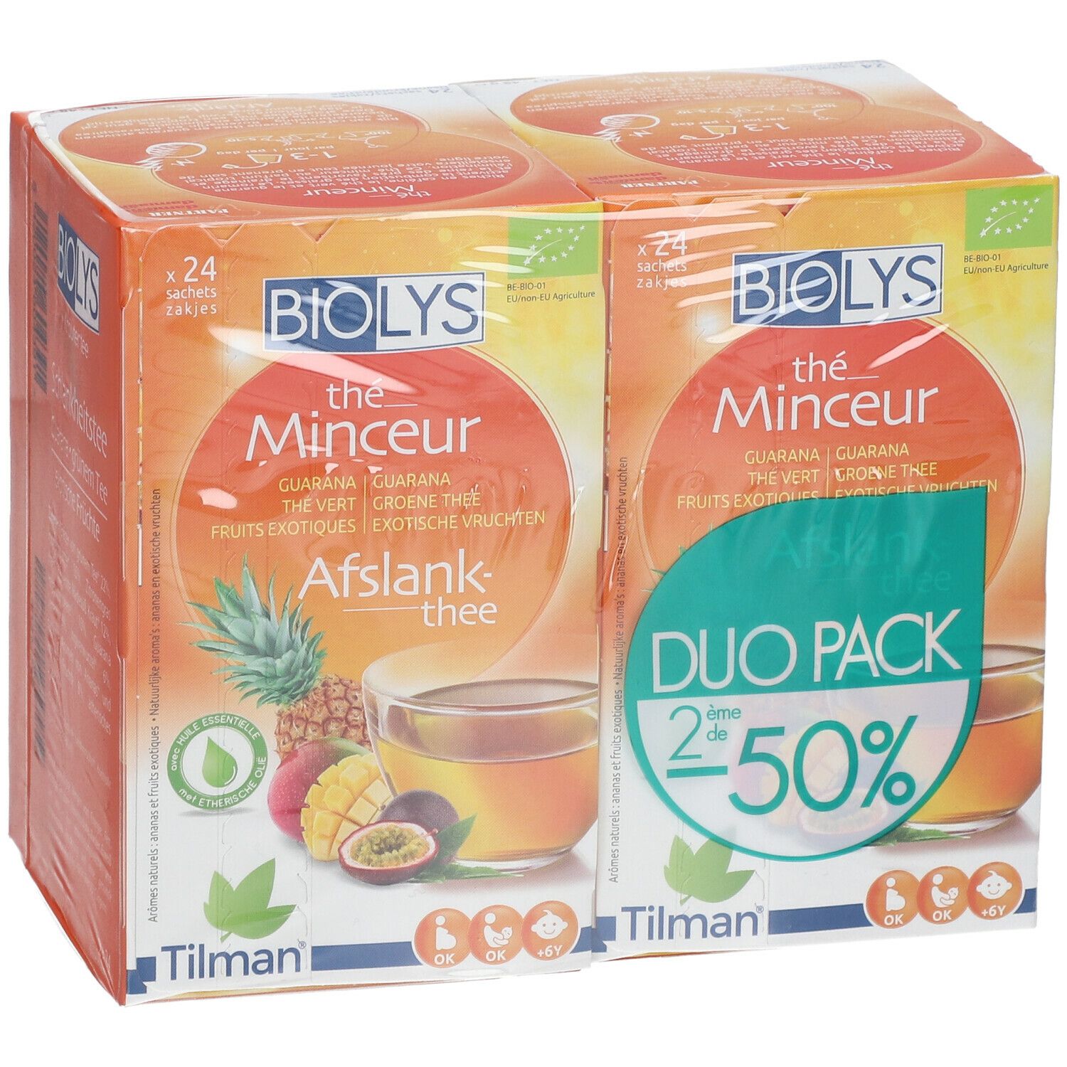 Deux boîtes de thé BIOLYS, emballées dans du film plastique. Inscription : Thé Minceur, Guarana, thé vert, fruits exotiques. Duo Pack.