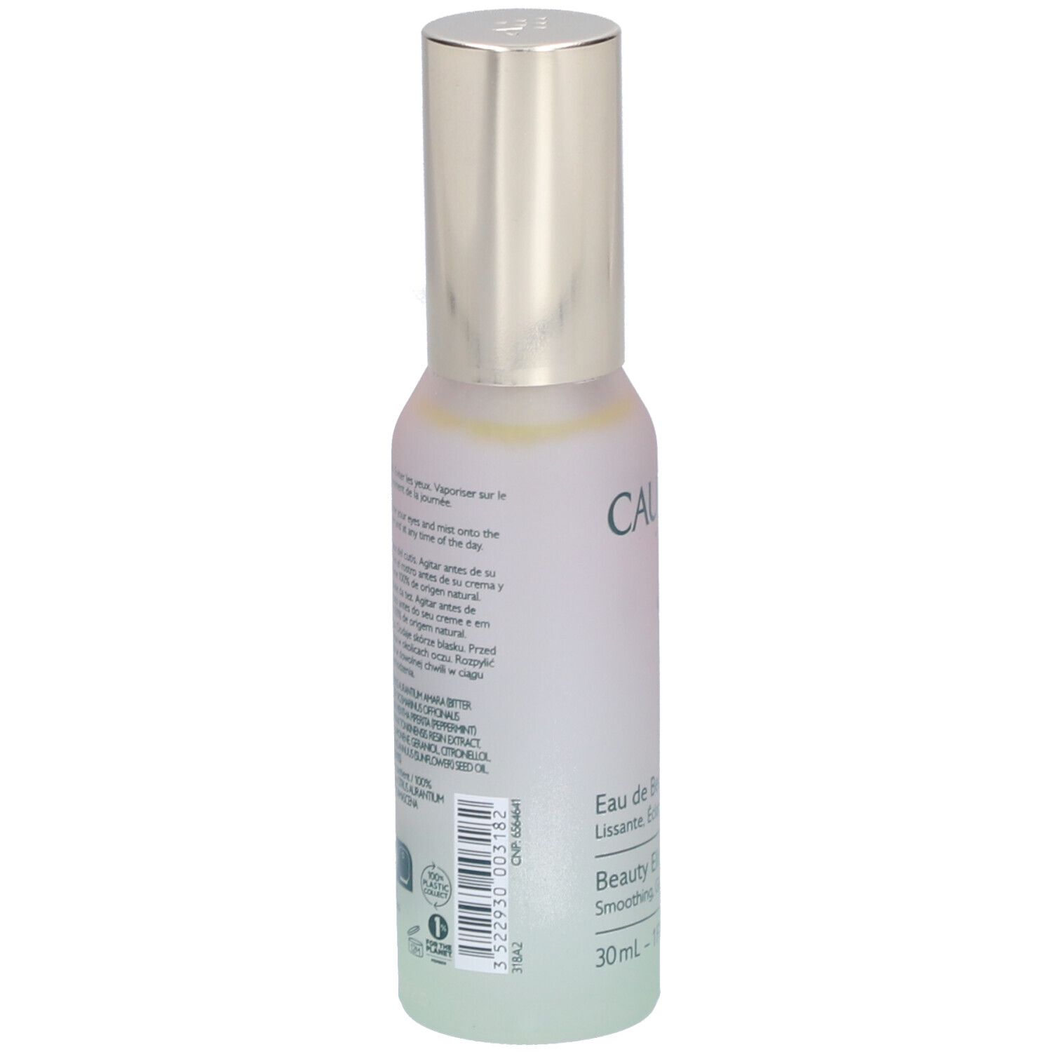 Caudalie Beauty Elixir Flasche. Rückseite mit Text, silberner Sprühkopf. Aufschrift: Eau de Beauté, Beauty Elixir, 30ml.