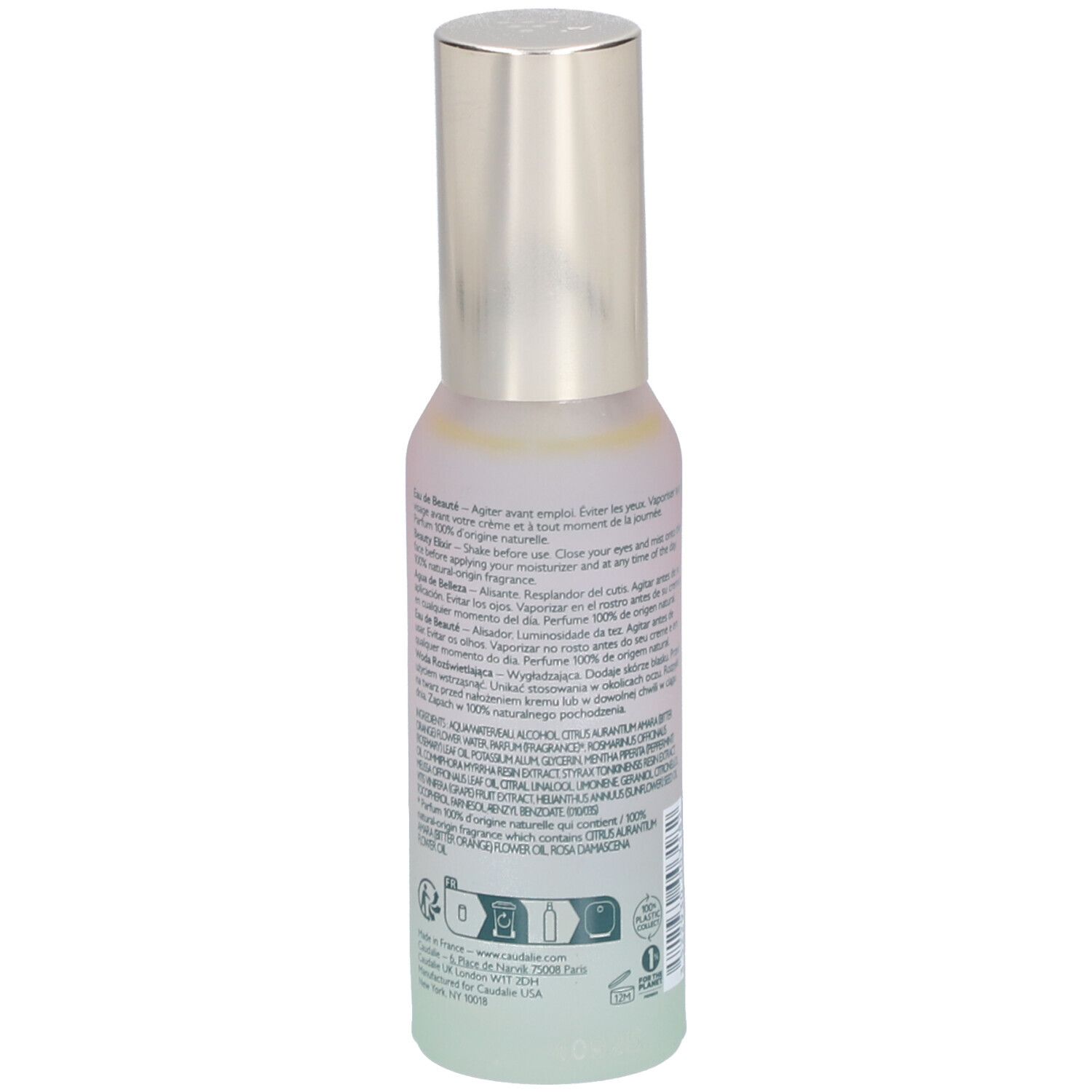 Caudalie Beauty Elixir Flasche. Rückseite mit Text, silberner Sprühkopf. Aufschrift: Eau de Beauté, Beauty Elixir, 30ml.