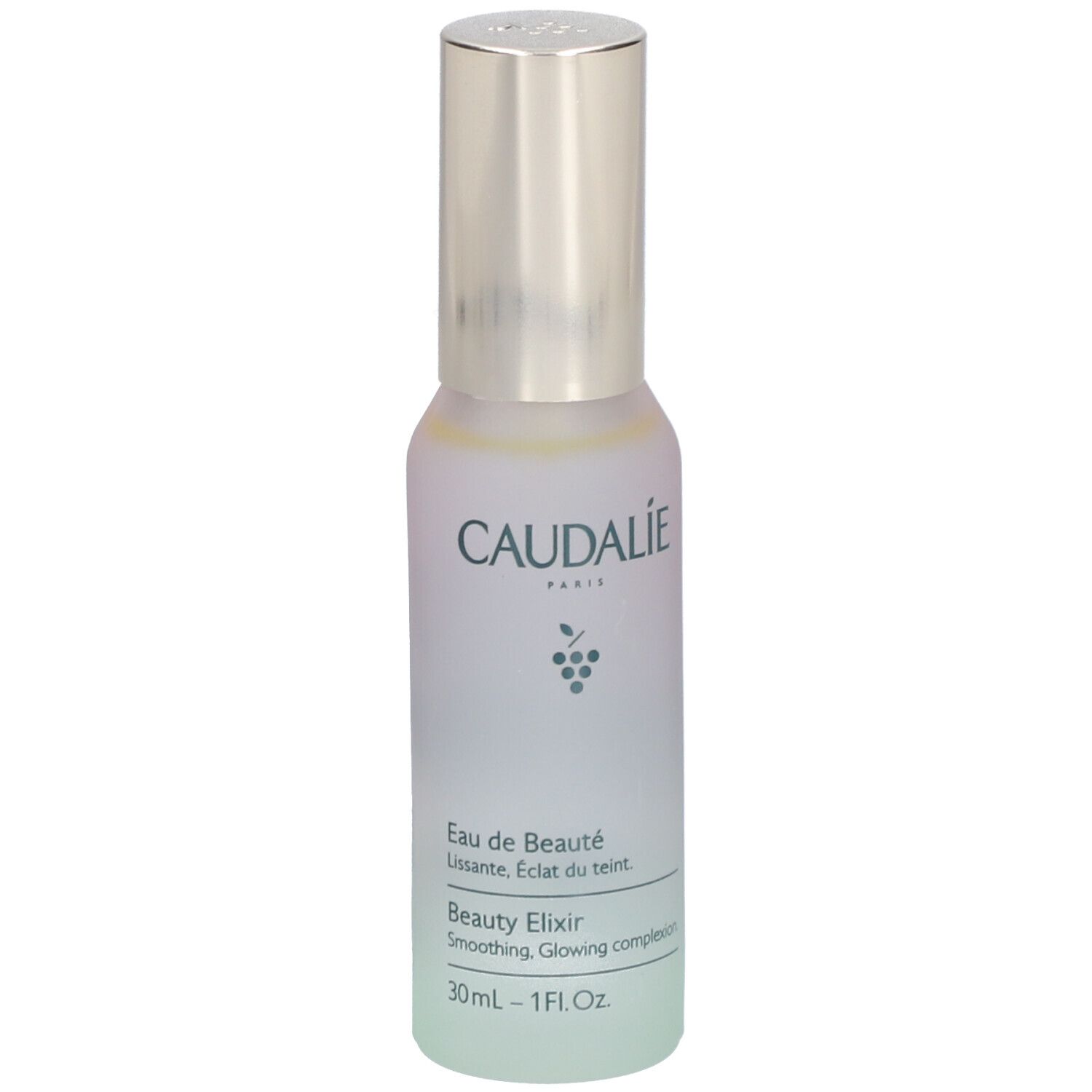 Caudalie Beauty Elixir Flasche. Silberner Sprühkopf, milchig-grünes Glas. Aufschrift: Eau de Beauté, Beauty Elixir, 30ml.
