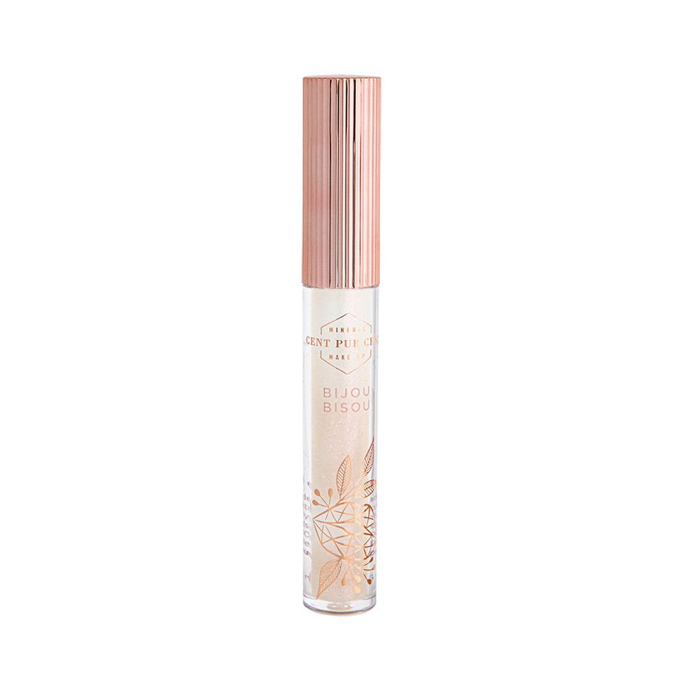 Lipglosstube en verpakking. Verpakking met productnaam en logo. Tube met roségouden dop.