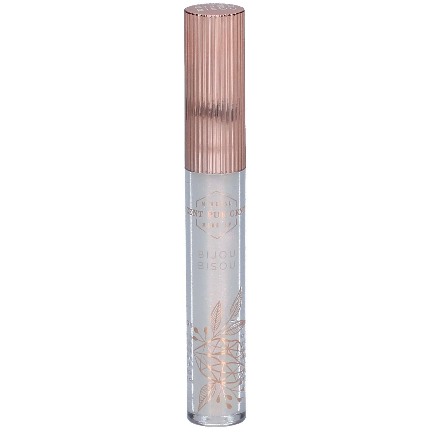 Lipgloss met roségouden dop. Transparante tube met bloemmotief. Productnaam zichtbaar.