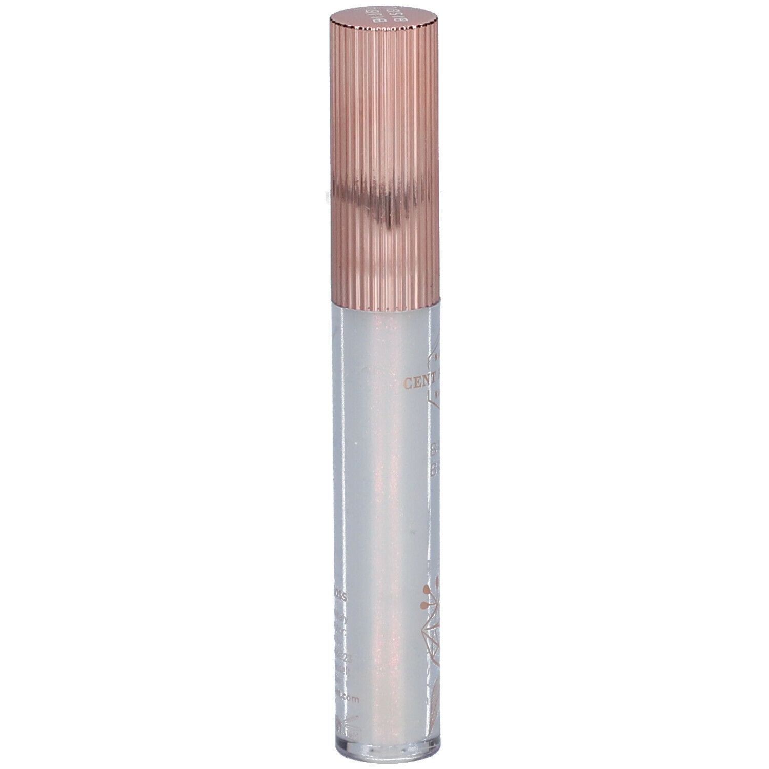 Lipgloss met roségouden dop. Transparante tube met bloemmotief. Productnaam zichtbaar.