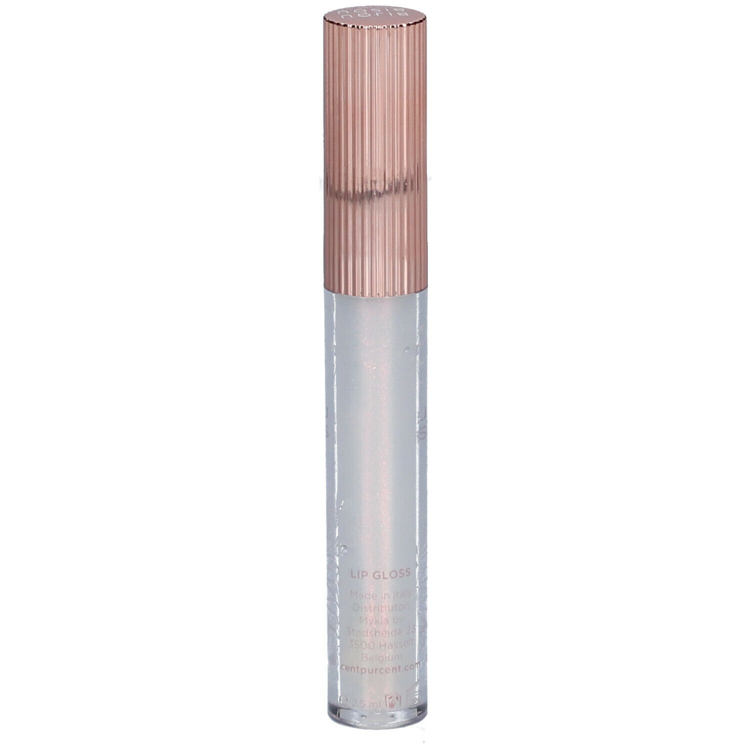 Lipgloss met roségouden dop. Transparante tube met bloemmotief. Productnaam zichtbaar.