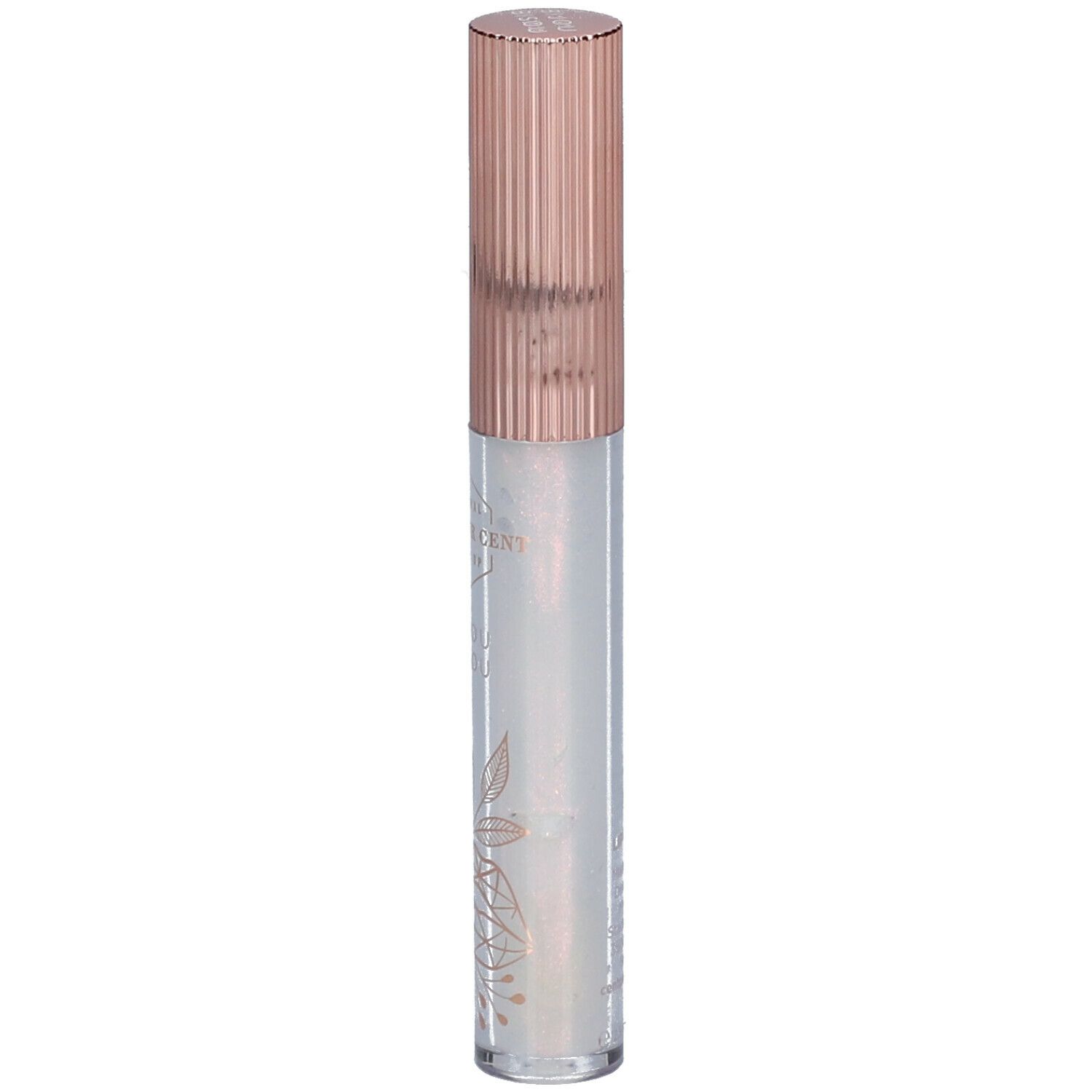 Lipgloss met roségouden dop. Transparante tube met bloemmotief. Productnaam zichtbaar.