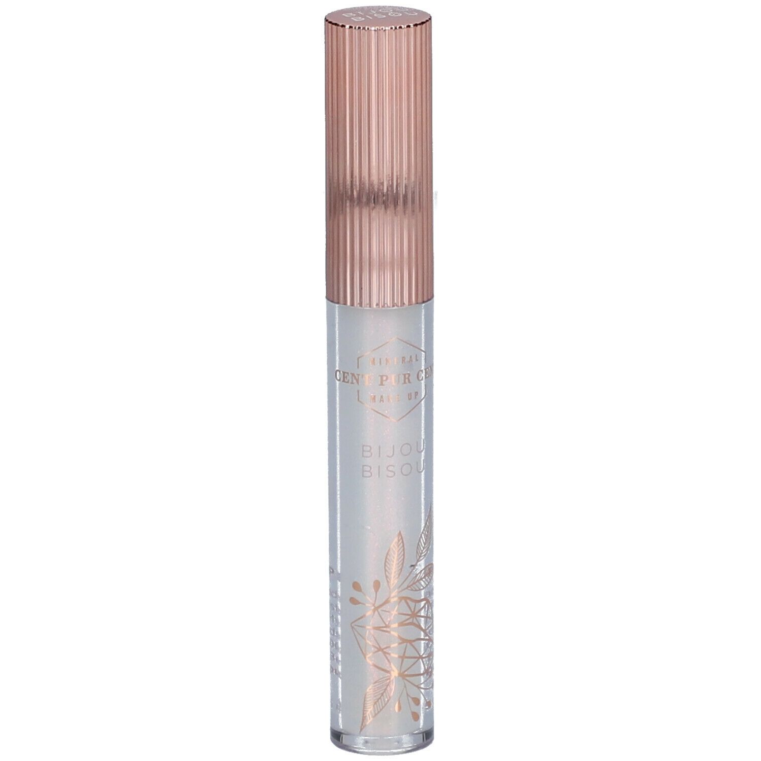 Lipgloss met roségouden dop. Transparante tube met bloemmotief. Productnaam zichtbaar.