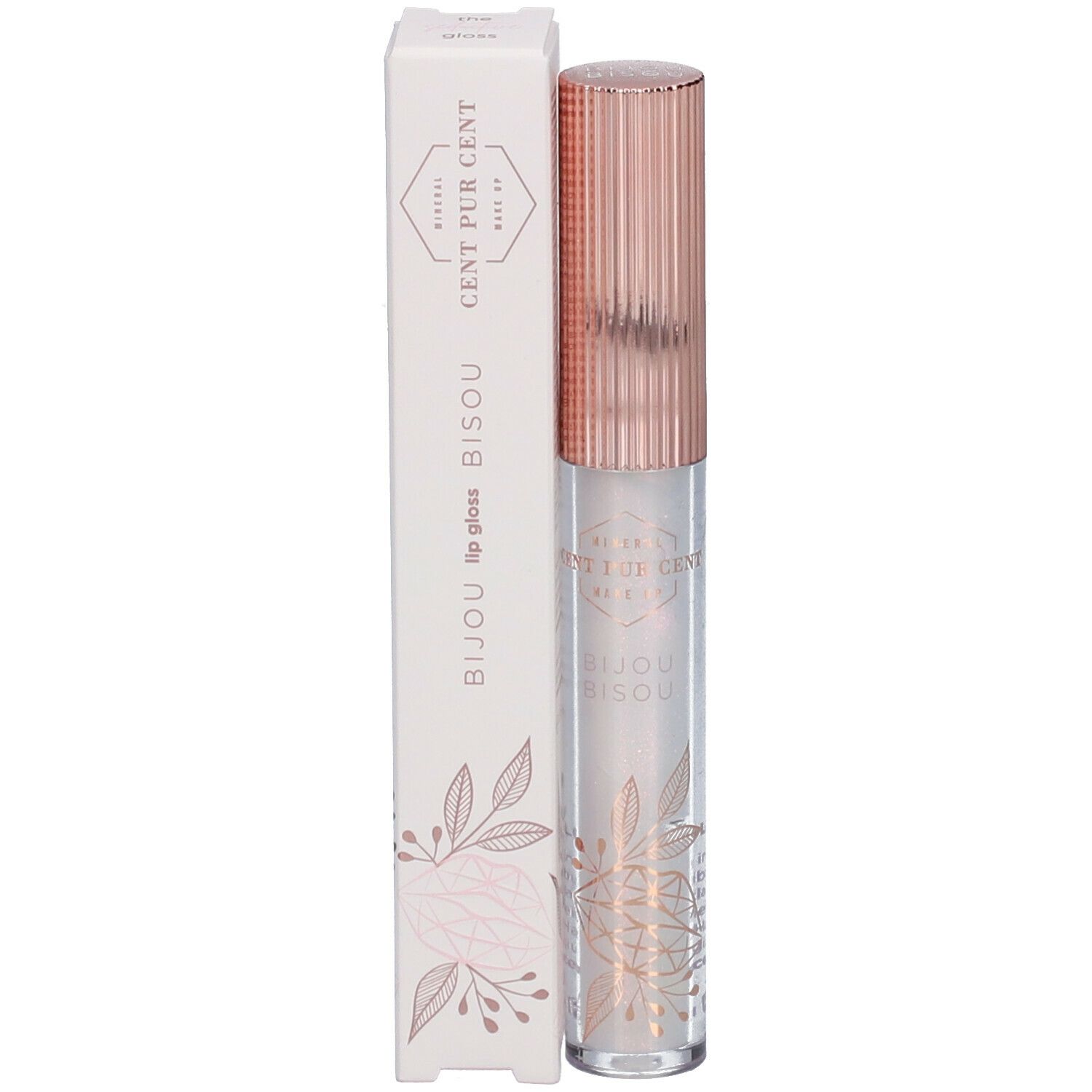 Lipgloss met roségouden dop. Transparante tube met bloemmotief. Productnaam zichtbaar.