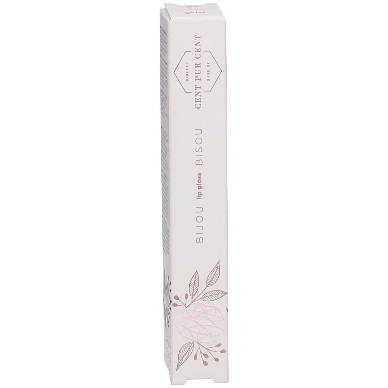 Lipgloss met roségouden dop. Transparante tube met bloemmotief. Productnaam zichtbaar.