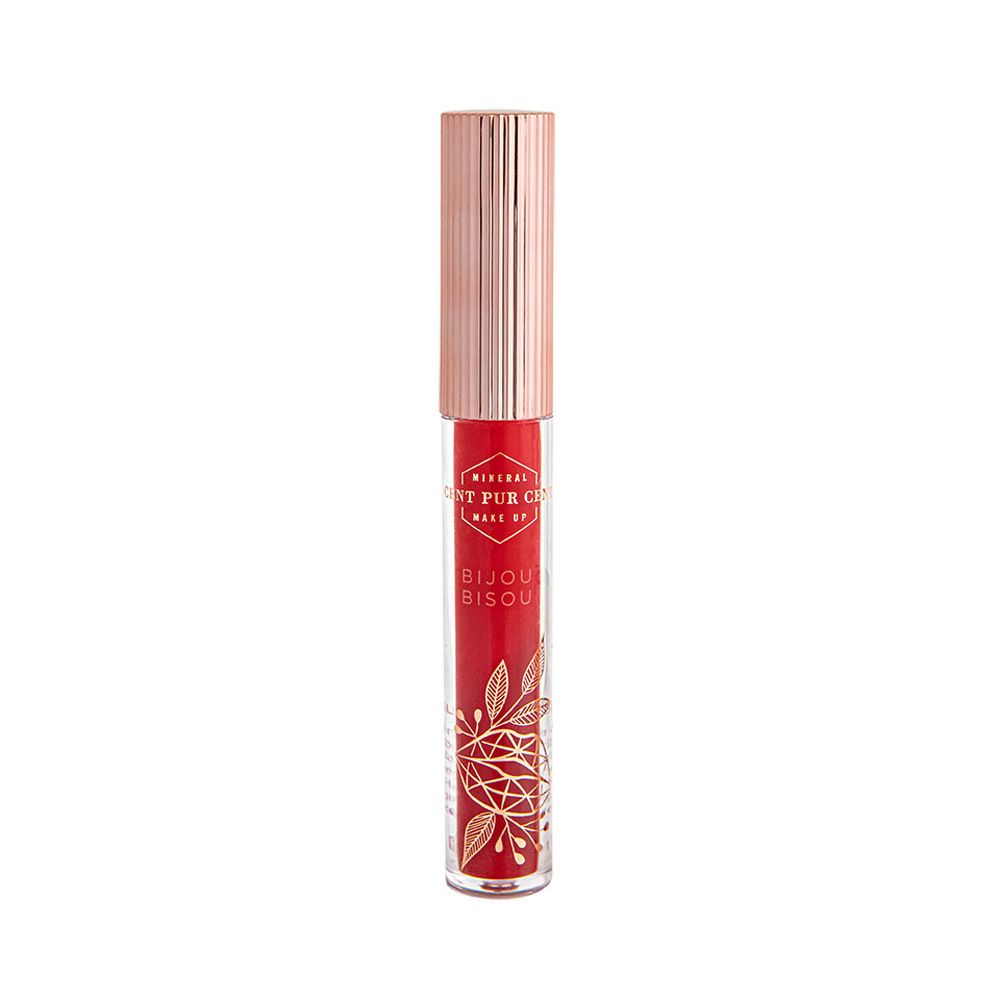 Gloss à lèvres rouge avec bouchon doré rose. Inscription : Mineral Make Up, Bijou Bisou. Motif floral.
