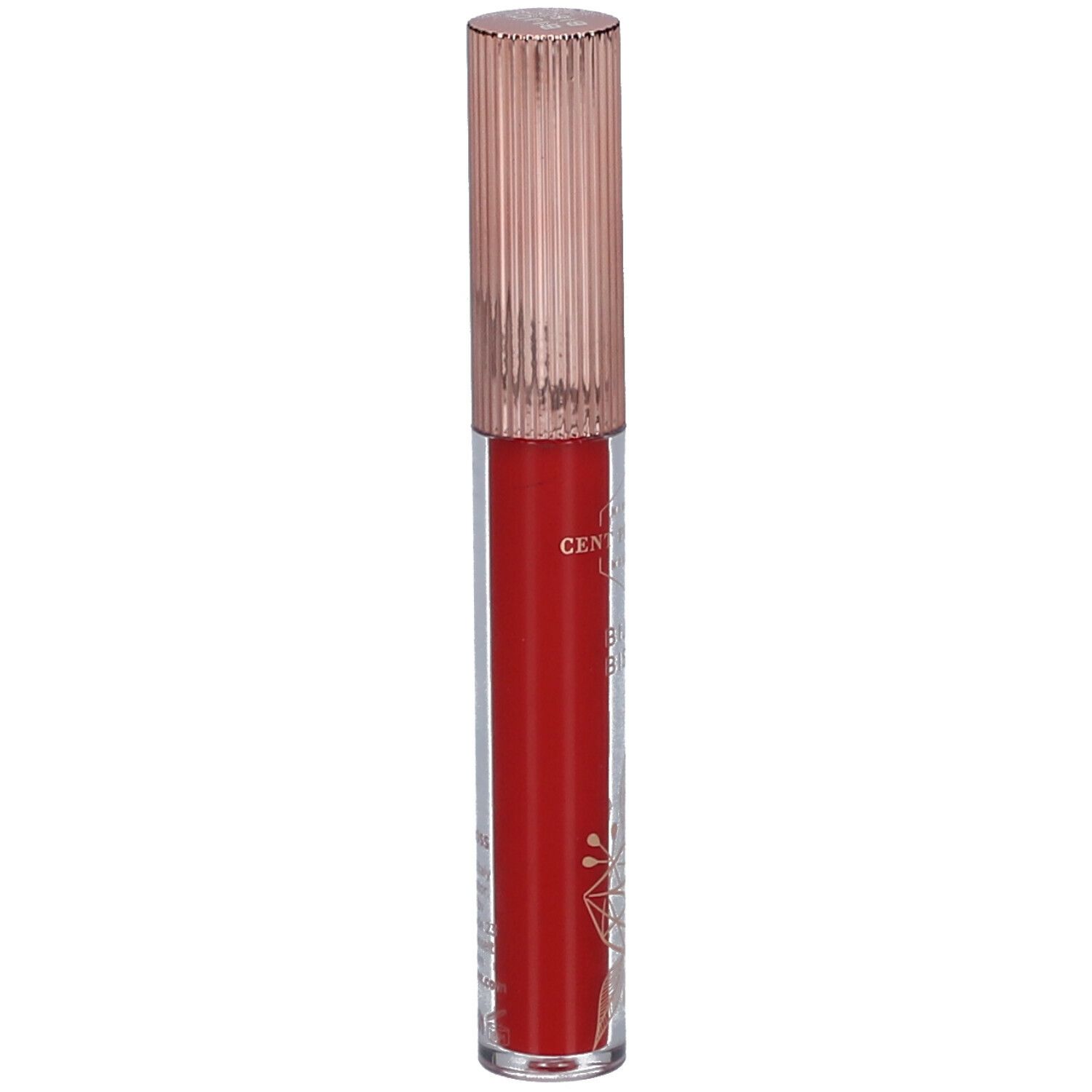 Roter Lipgloss mit roségoldfarbenem Deckel. Aufschrift: Mineral Make Up. Klarer Behälter.