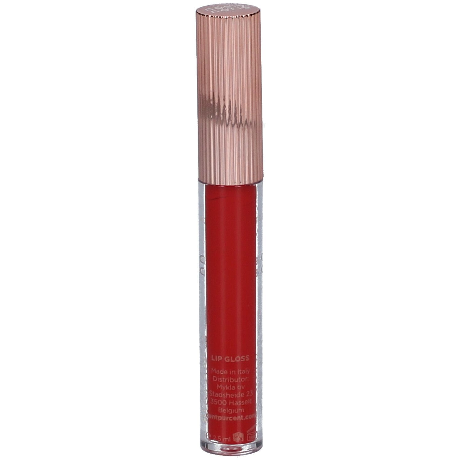 Roter Lipgloss mit roségoldfarbenem Deckel. Aufschrift: Lip Gloss. Klarer Behälter.