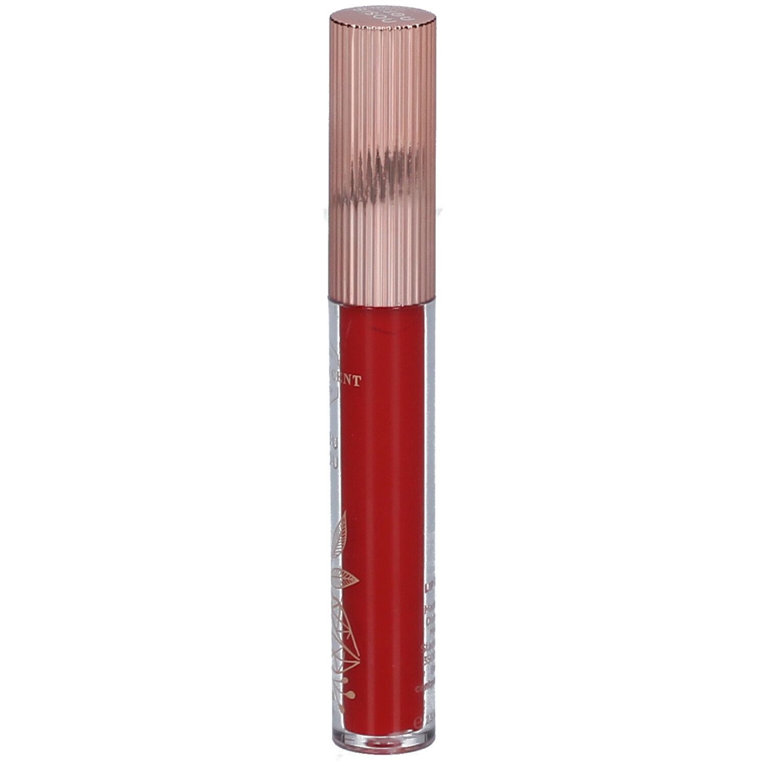 Roter Lipgloss mit roségoldfarbenem Deckel. Aufschrift: Mineral Make Up. Klarer Behälter.
