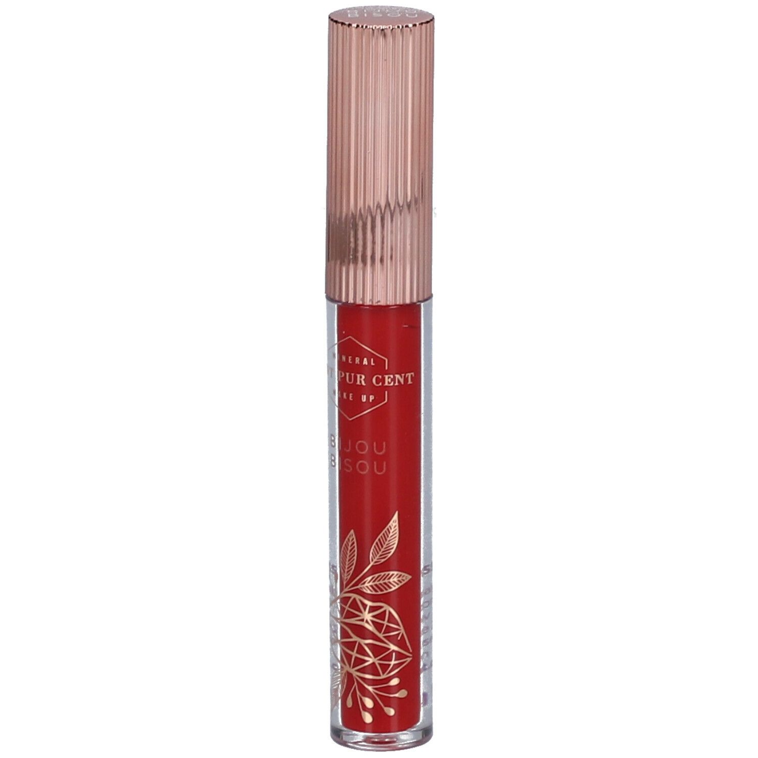 Roter Lipgloss mit roségoldfarbenem Deckel. Aufschrift: Mineral Make Up, Bijou Bisou. Mit floralem Muster.