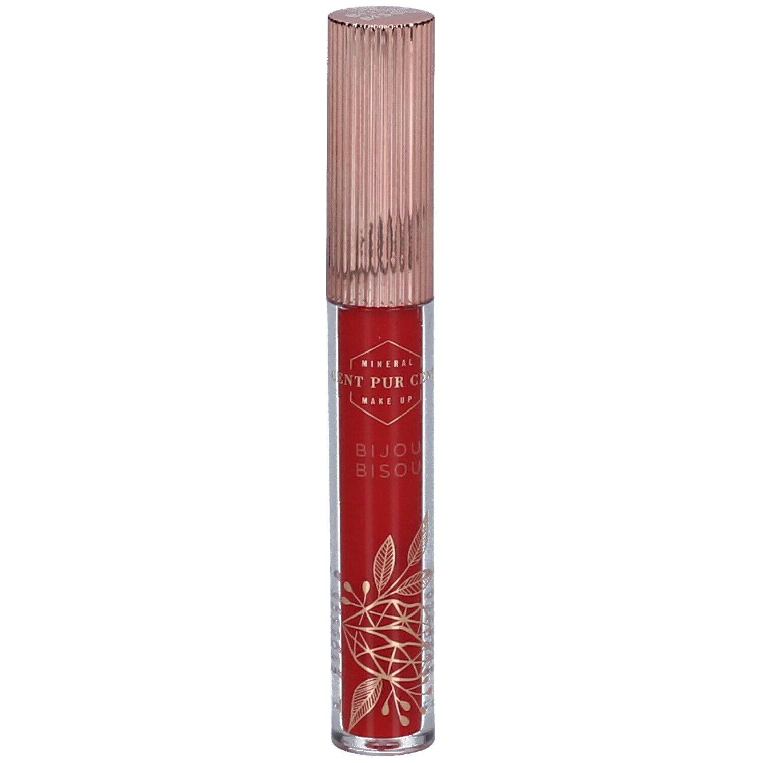 Roter Lipgloss mit roségoldfarbenem Deckel. Aufschrift: Mineral Make Up, Bijou Bisou. Mit floralem Muster.