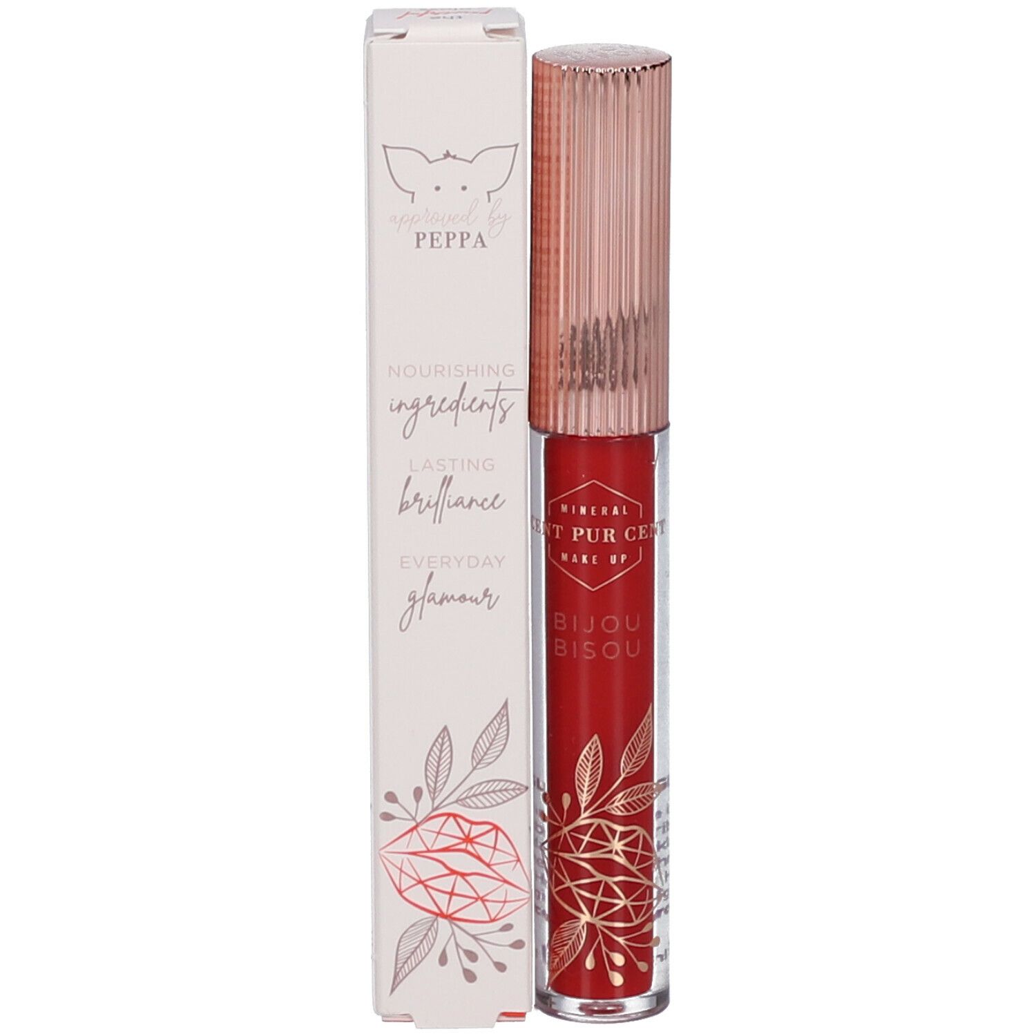Lipgloss mit Verpackung. Verpackung mit Text und Illustrationen. Lipgloss mit roségoldfarbenem Deckel.