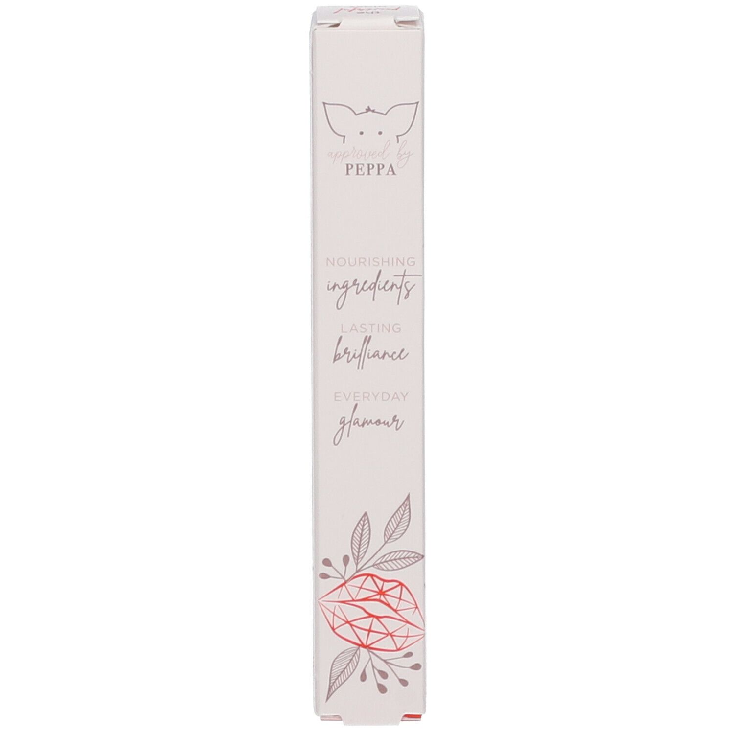 Schmale Verpackung mit Text und Illustrationen. Abbildung eines Lippenstiftes.
