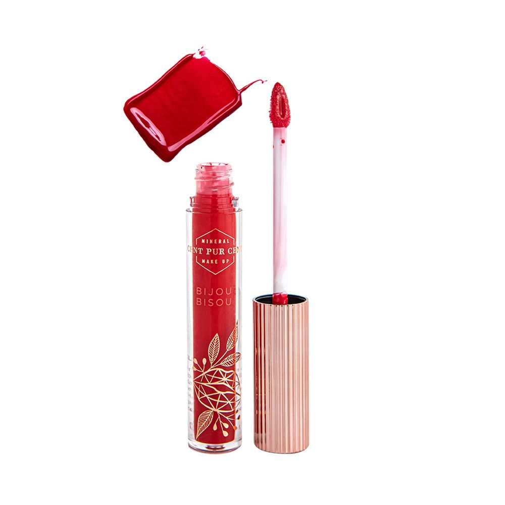 Gloss à lèvres rouge avec bouchon doré rose et applicateur. Inscription : Mineral Make Up, Bijou Bisou.