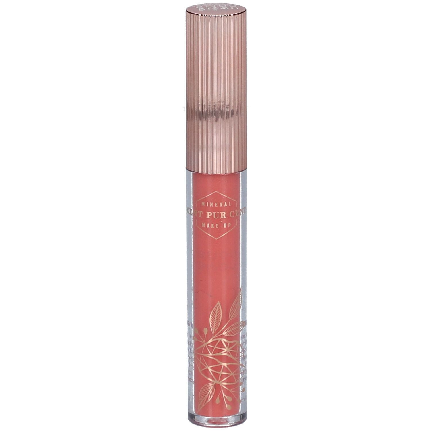 Lipgloss in transparante tube, roze gouden dop. Opschrift.