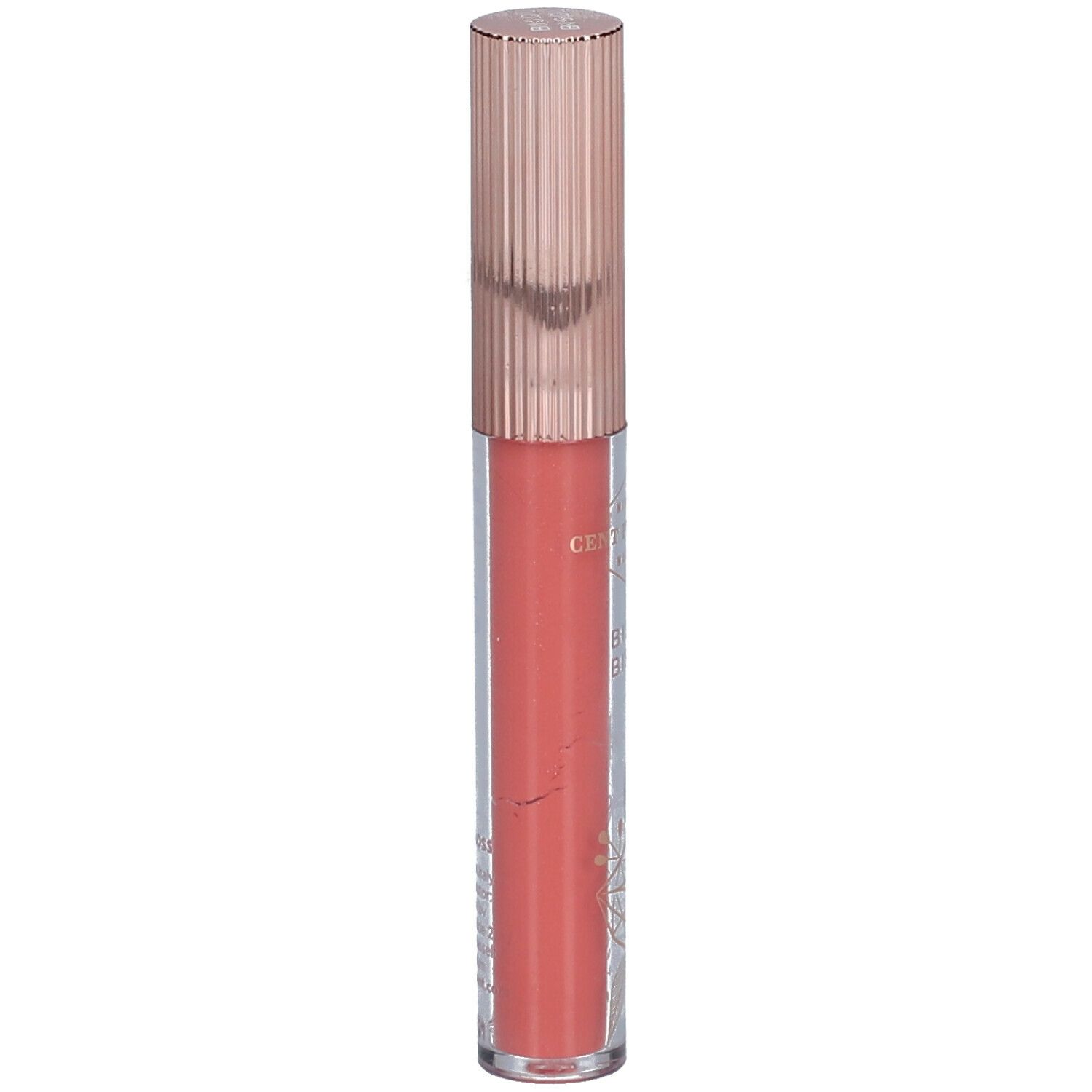 Lipgloss in transparante tube, roze gouden dop. Opschrift.