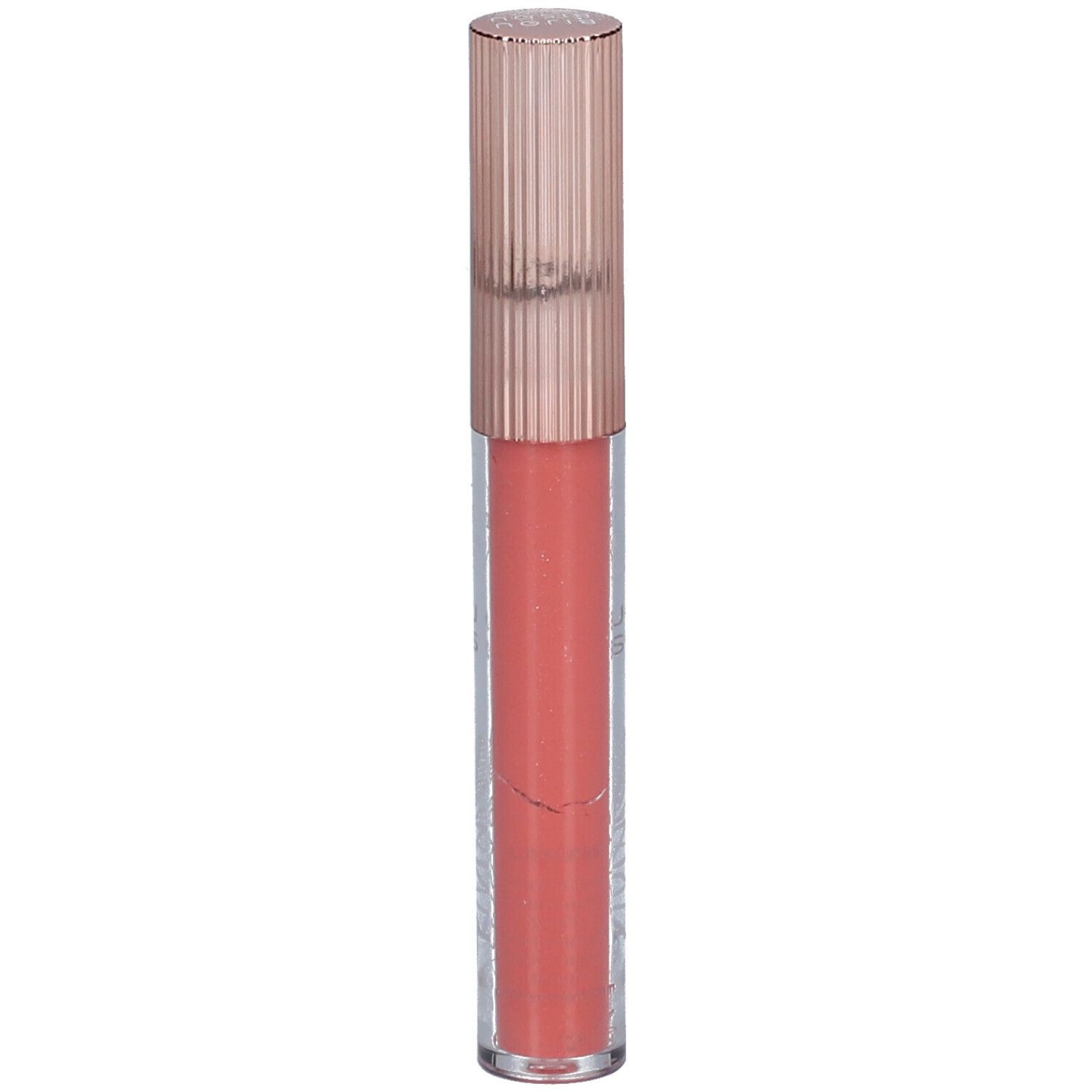 Lipgloss in transparante tube, roze gouden dop. Opschrift.
