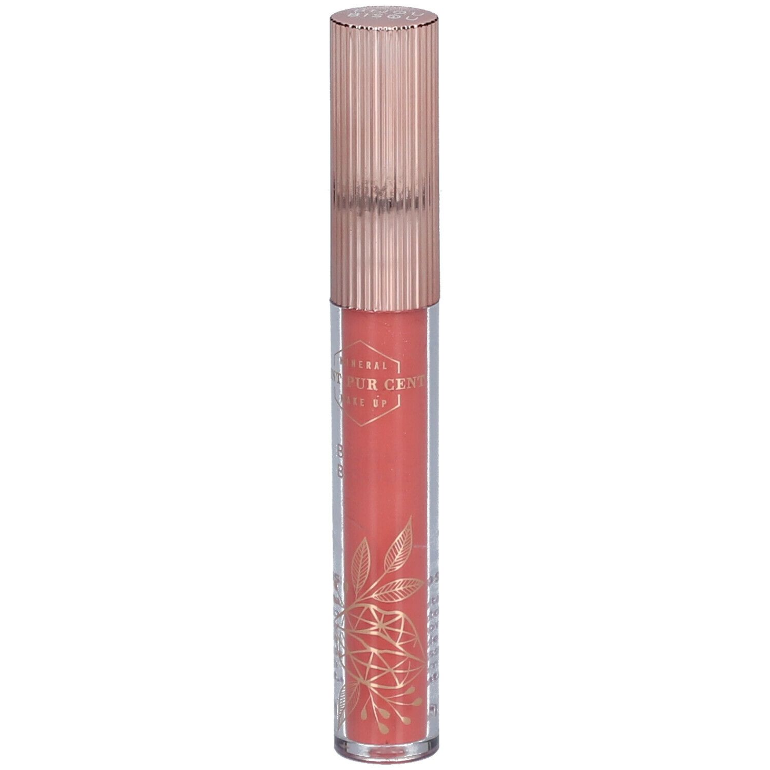 Lipgloss in transparante tube, roze gouden dop. Opschrift.
