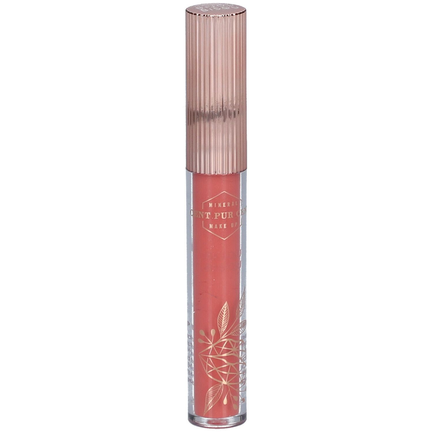 Lipgloss in transparante tube, roze gouden dop. Opschrift.