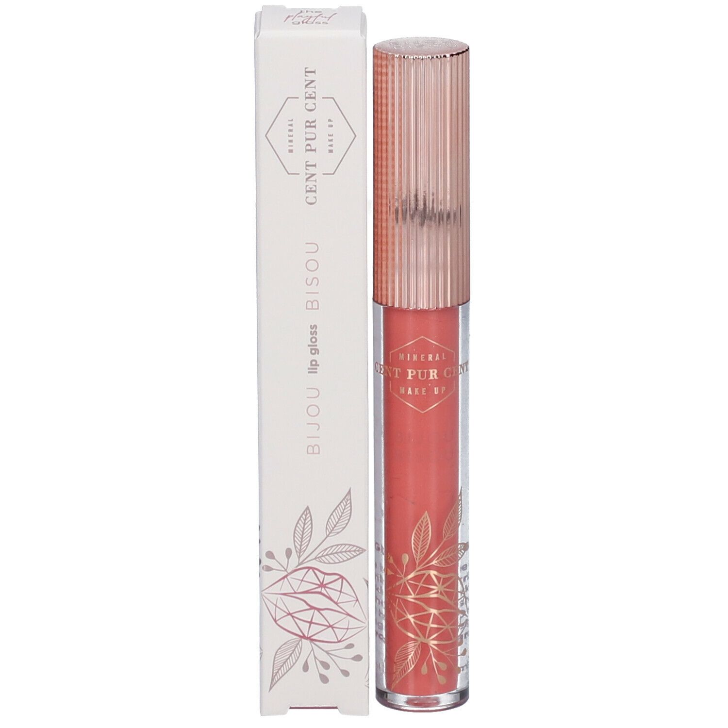 Lipgloss in transparante tube, roze gouden dop. Opschrift.
