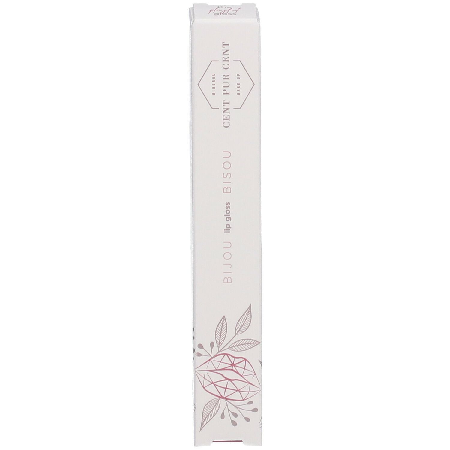 Lipgloss in transparante tube, roze gouden dop. Opschrift.
