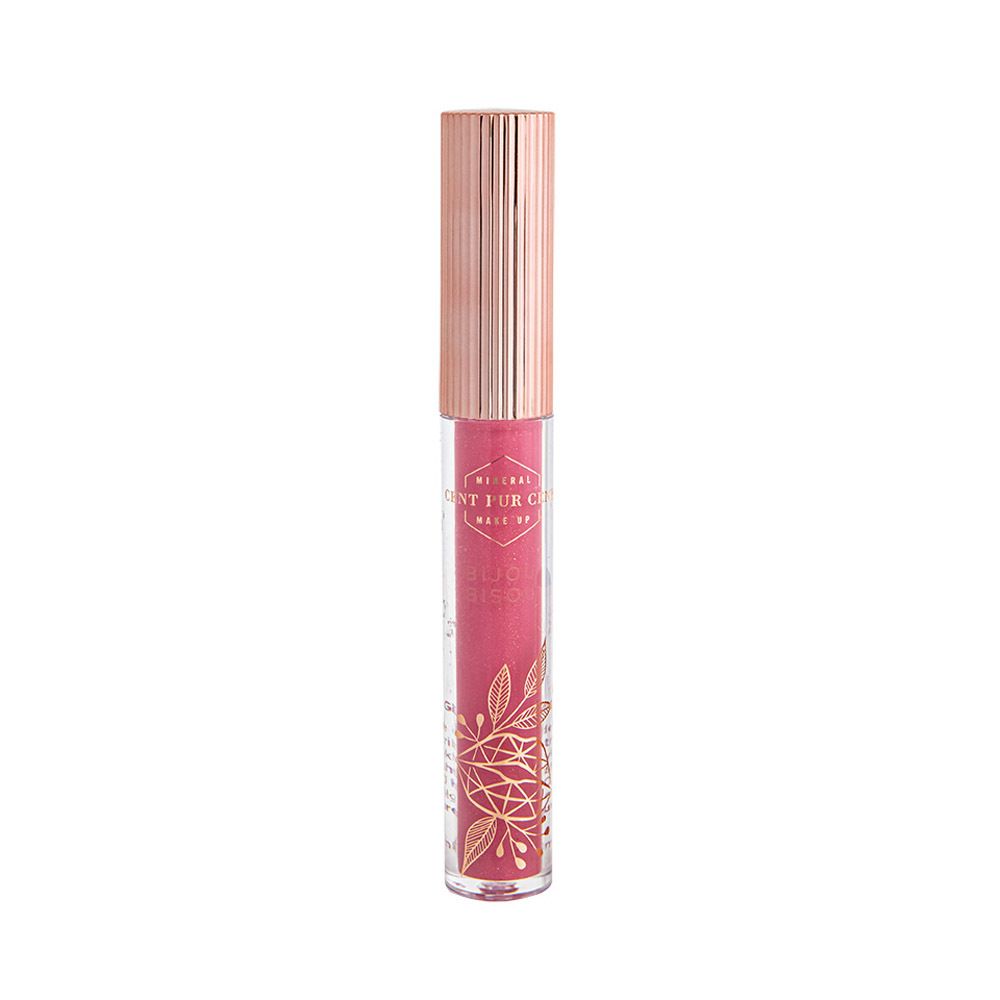 Tube de gloss avec contenu rose. Bouchon doré. Inscriptions: CENT PUR CENT, Make Up. Motifs floraux.