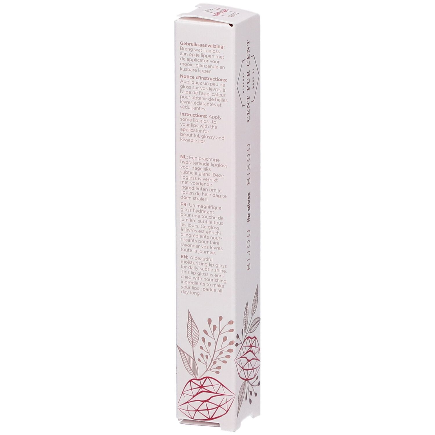 Emballage blanc fin. Texte multilingue. Inscriptions: BIJOU lip gloss BISOU, CENT PUR CENT, Make Up. Motifs floraux.