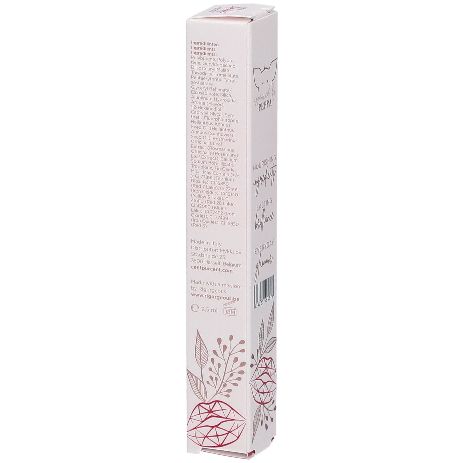Emballage blanc fin. Ingrédients, origine, coordonnées. Inscriptions: Nourishing ingredients, lasting brillance, everyday glamour.