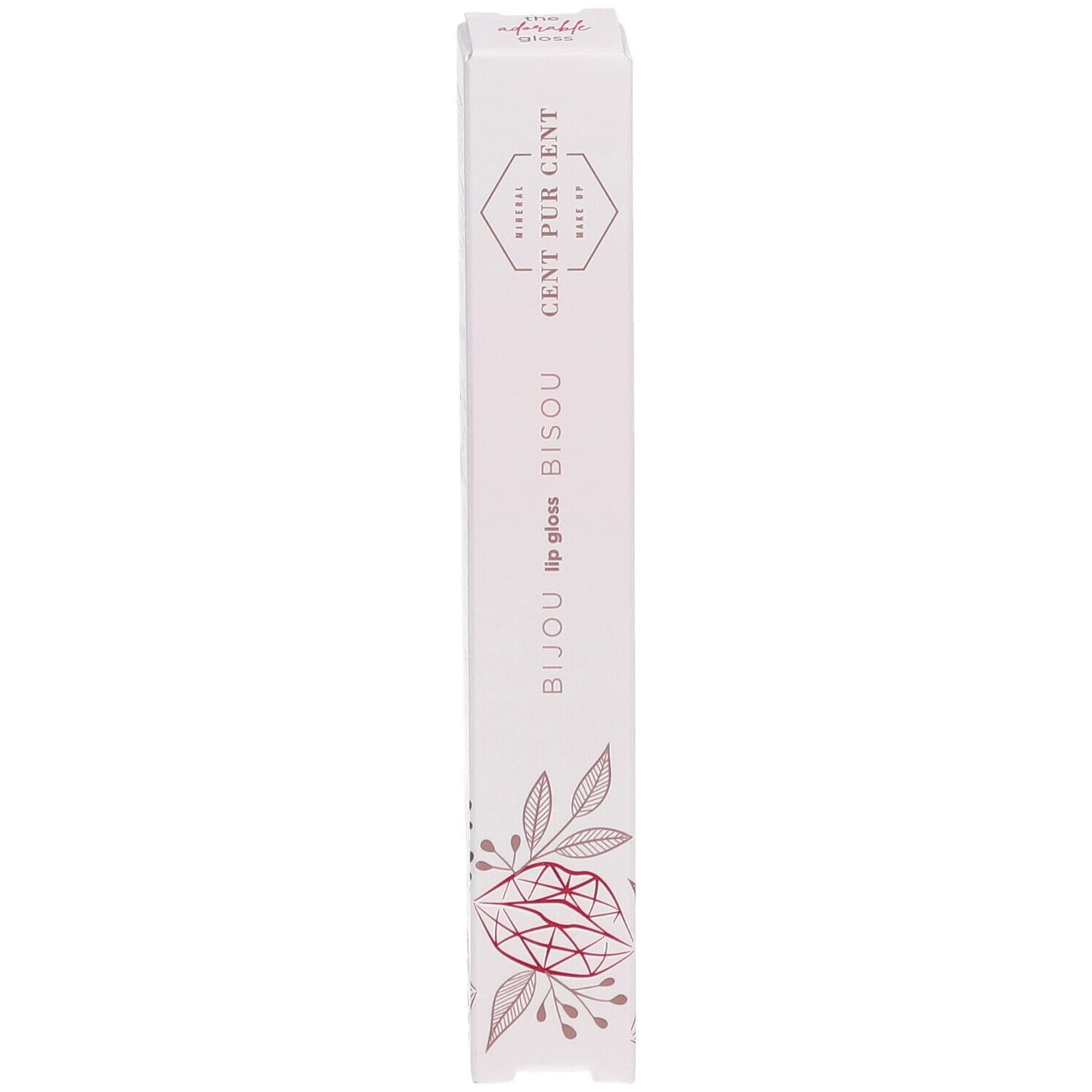 Emballage blanc fin. Inscriptions: BIJOU lip gloss BISOU, CENT PUR CENT, Make Up. Motifs floraux et logo.