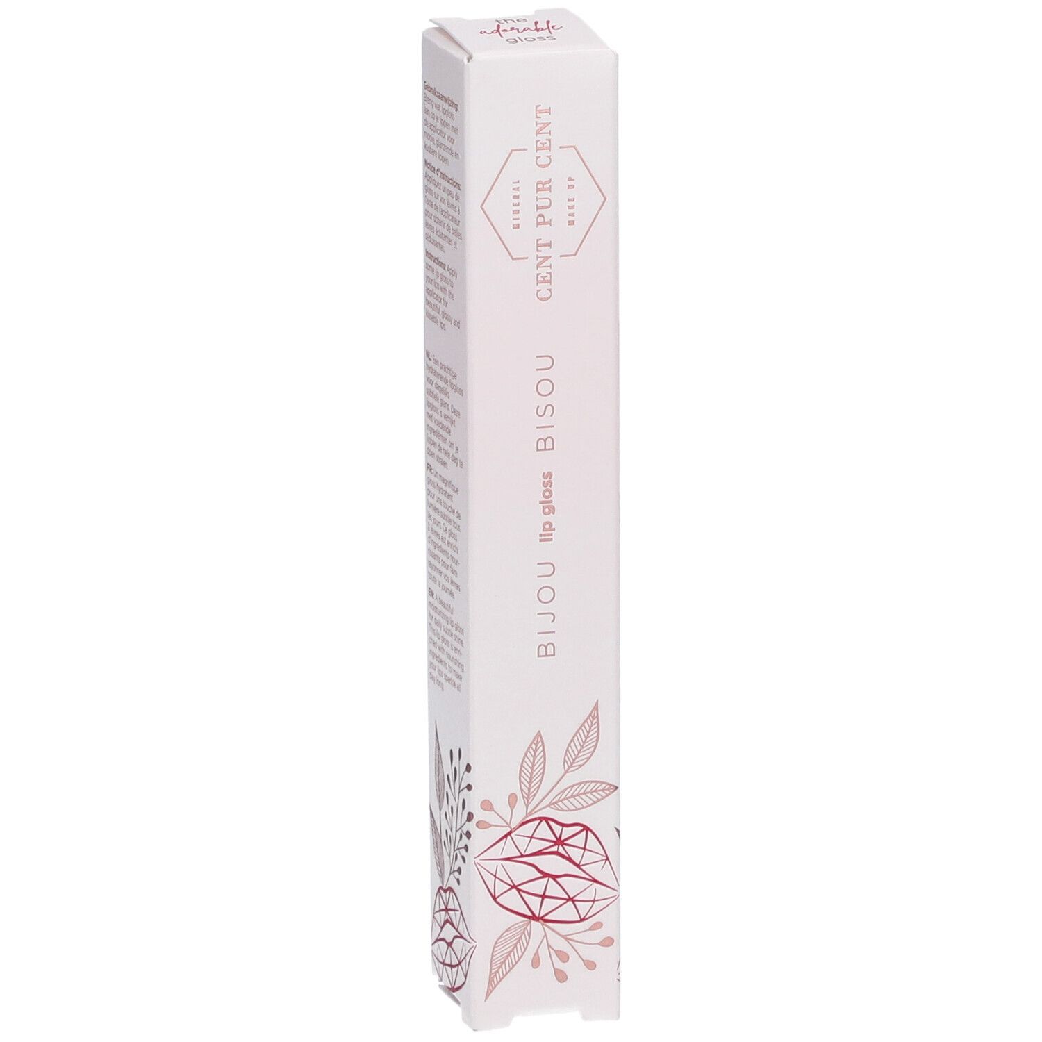 Emballage blanc fin. Inscriptions: BIJOU lip gloss BISOU, CENT PUR CENT, Make Up. Motifs floraux et logo.