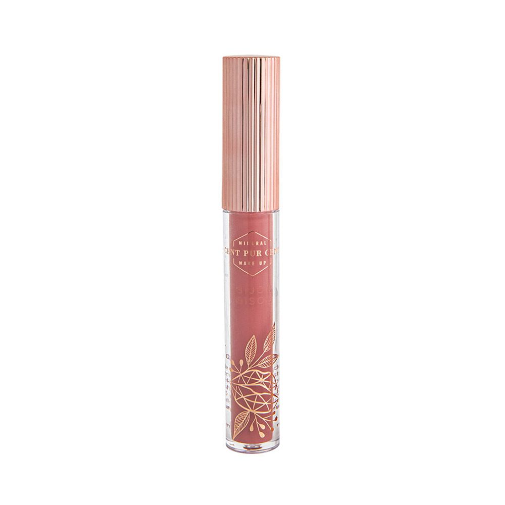 Lipgloss tube met roségouden dop. Transparante tube met roze inhoud en gouden versieringen.