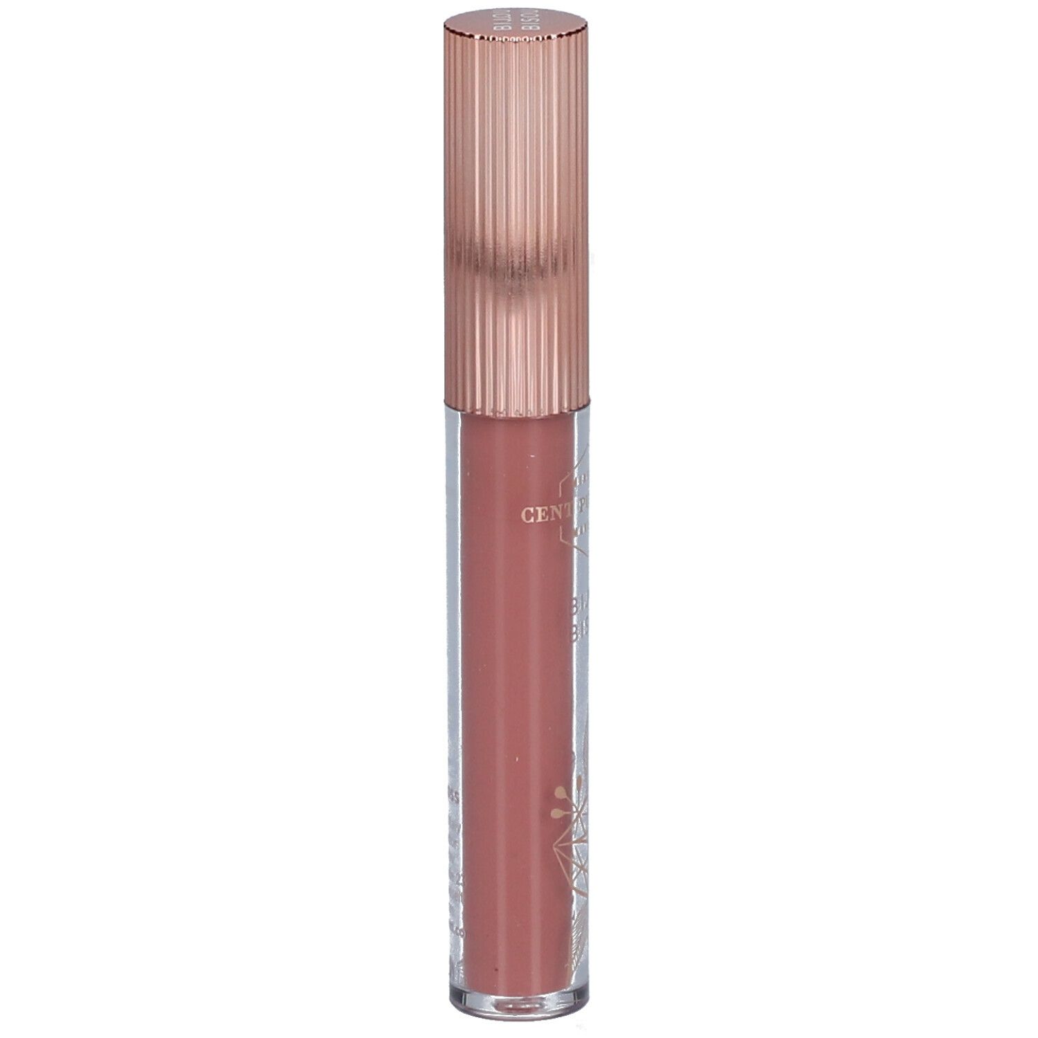 Lipgloss tube met roségouden dop. Transparante tube met roze inhoud.