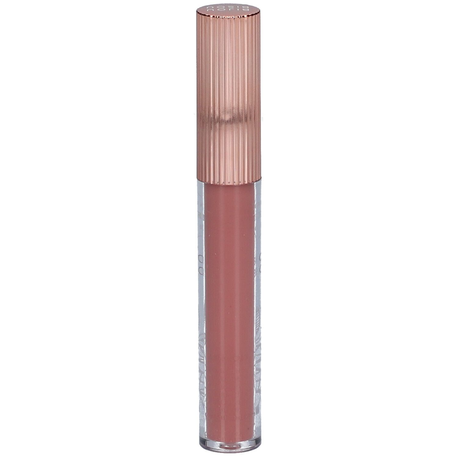 Lipgloss tube met roségouden dop. Transparante tube met roze inhoud.