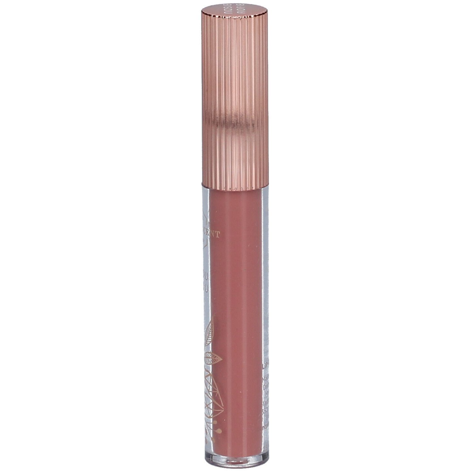 Lipgloss tube met roségouden dop. Transparante tube met roze inhoud.