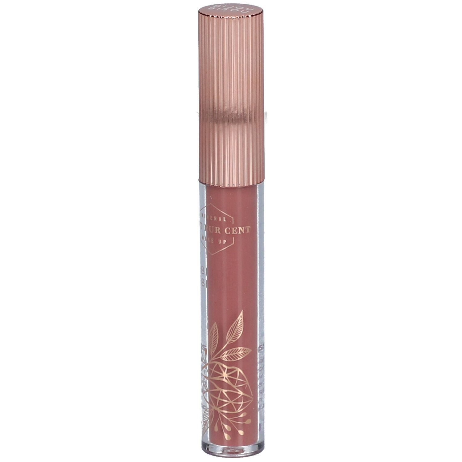 Lipgloss tube met roségouden dop. Transparante tube met roze inhoud en gouden versieringen.