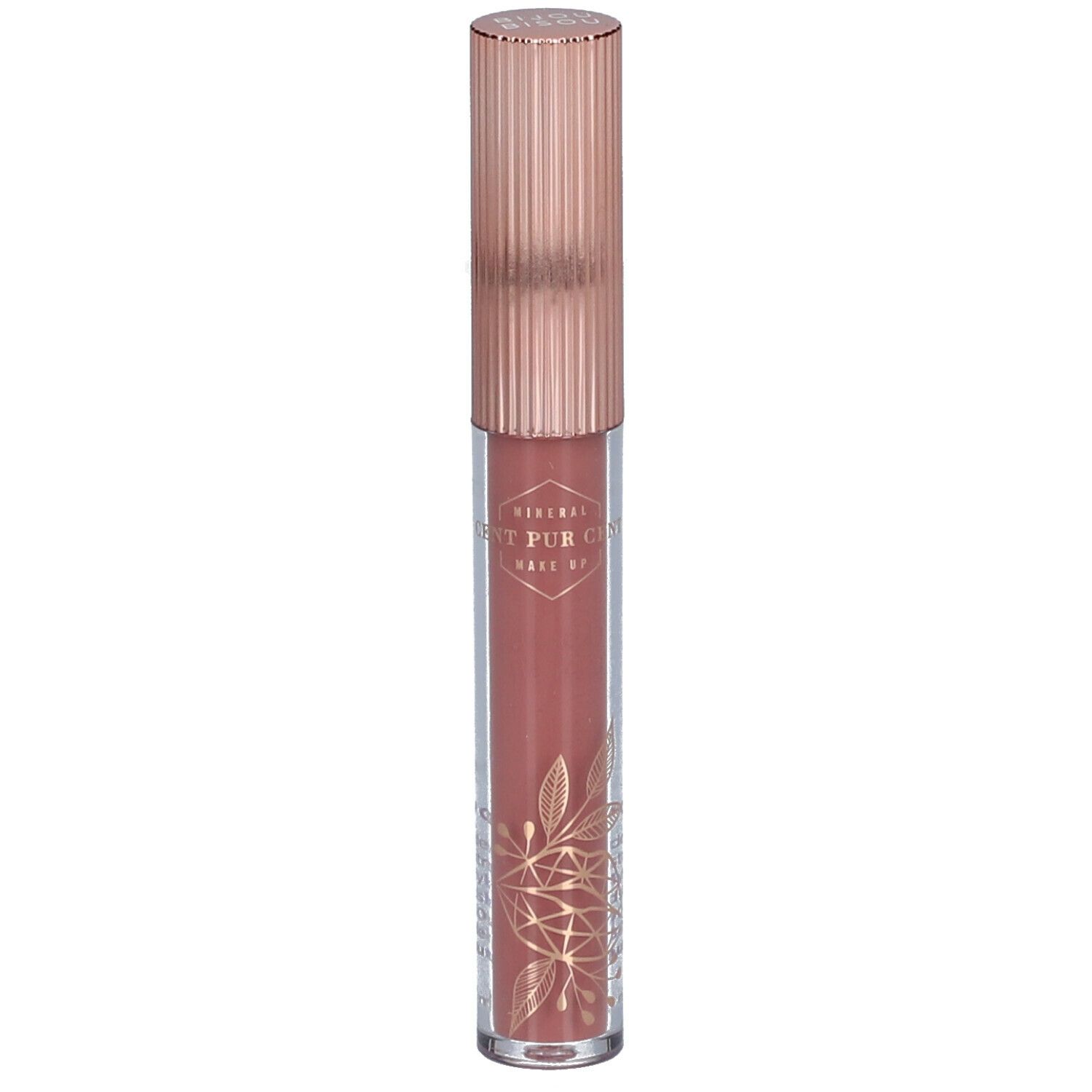 Lipgloss tube met roségouden dop. Transparante tube met roze inhoud en gouden versieringen.