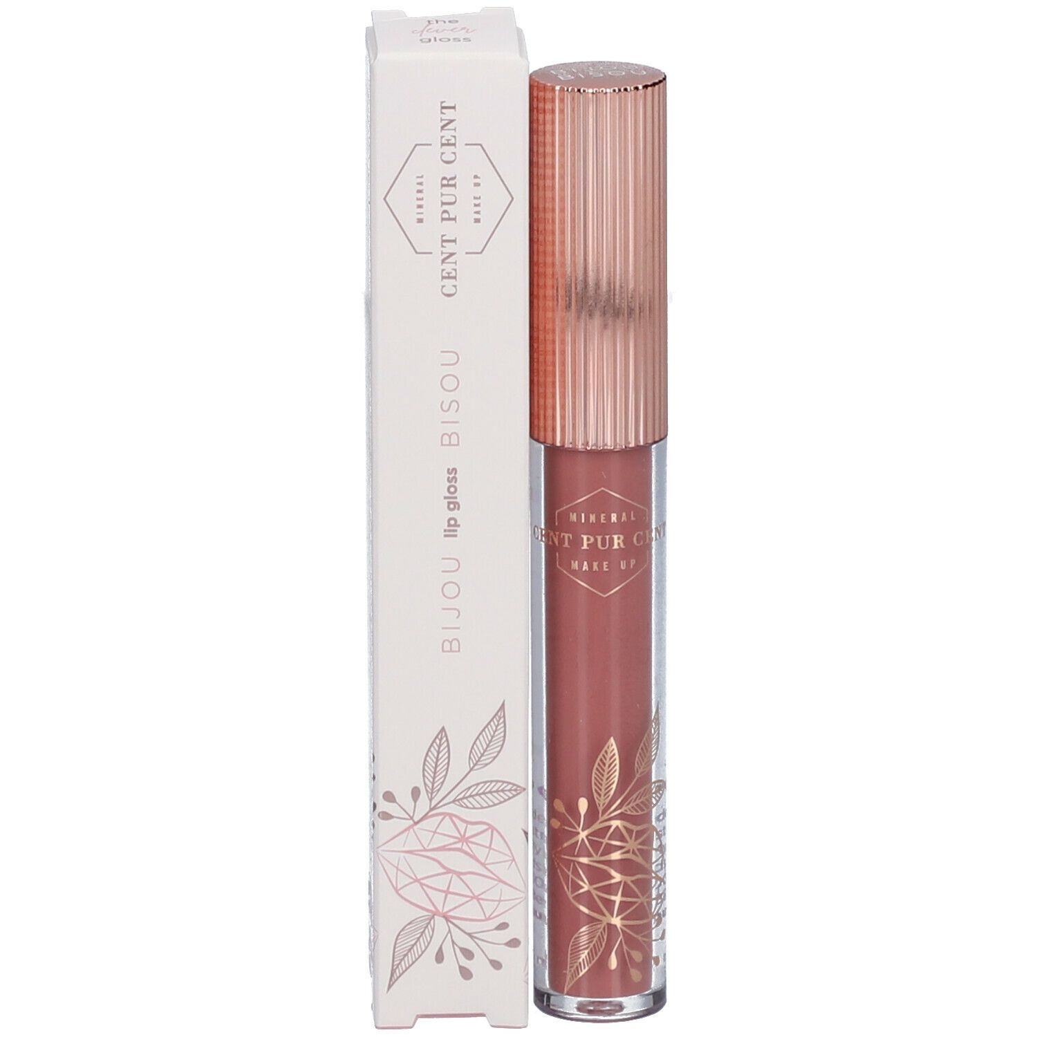 Lipgloss tube en verpakking. Tube met roségouden dop. Verpakking met productnaam en illustraties.