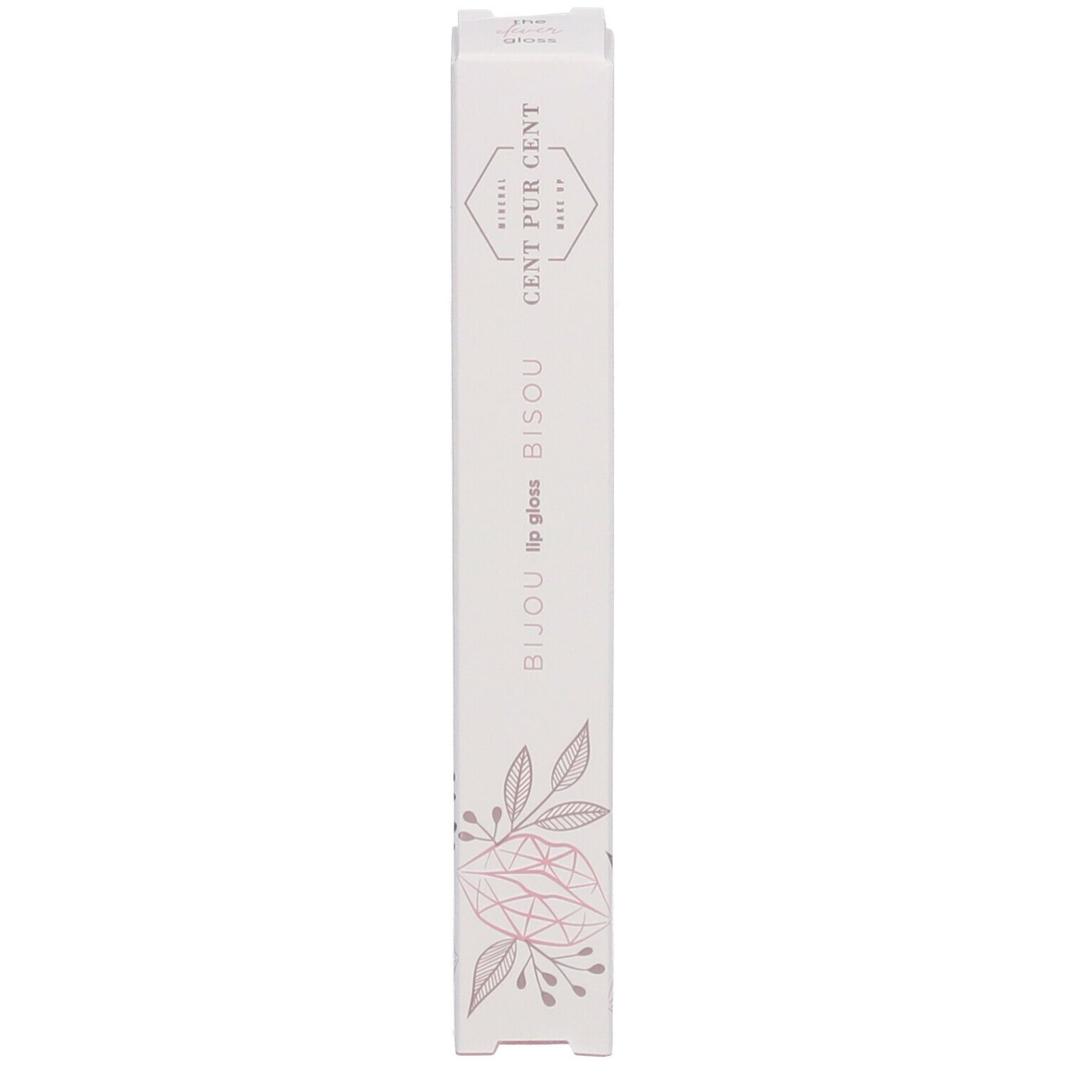 Verpakking voor lipgloss. Wit met productnaam en illustraties.